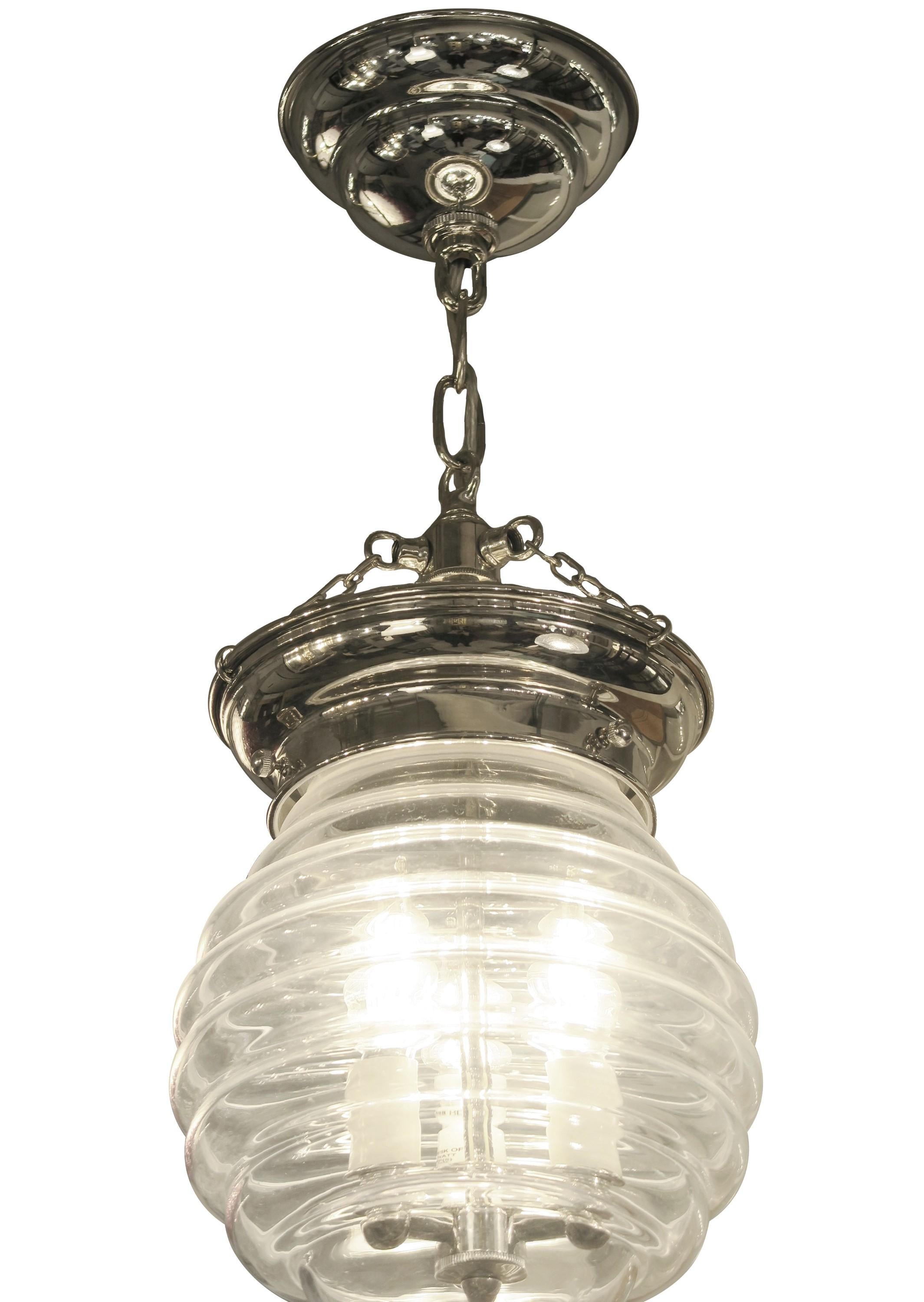 Modern Beehive Hand Blown Glass Bell Jar Pendant Light 3 Lights For Sale