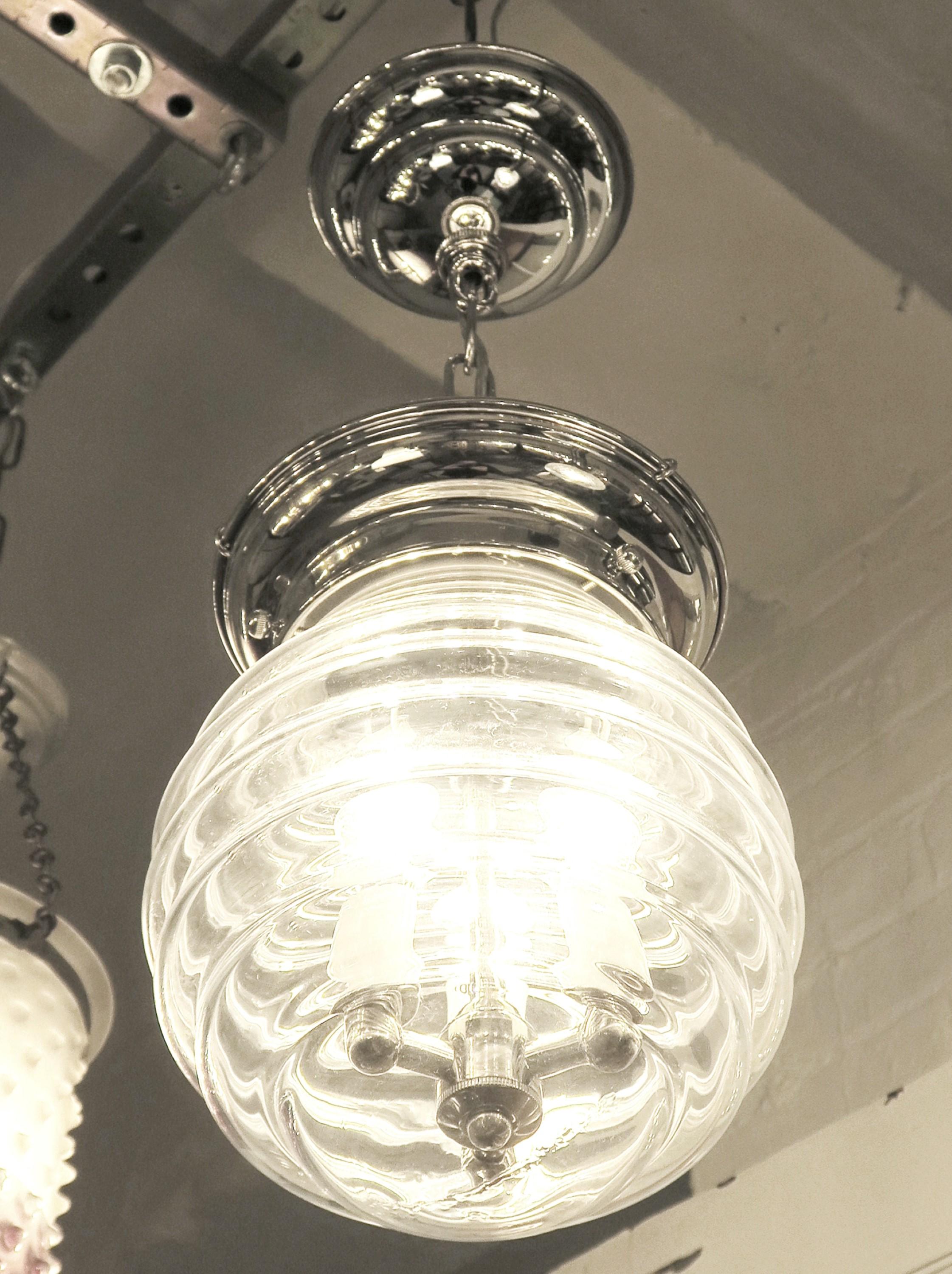 Brass Beehive Hand Blown Glass Bell Jar Pendant Light 3 Lights For Sale