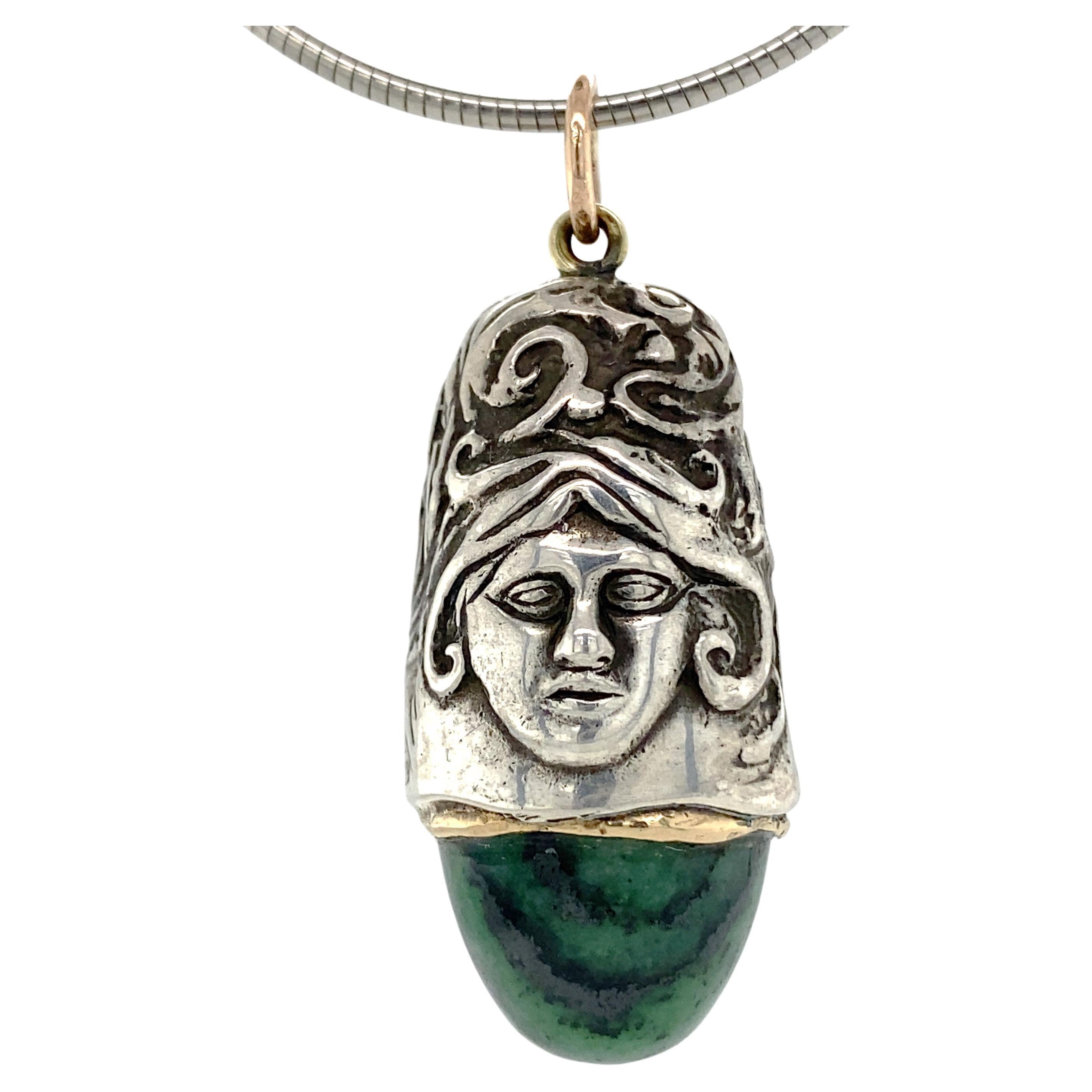 "Beehive Medusa" Thimble Fob with Zoisite on Steel Chain with Gold Fittings For Sale