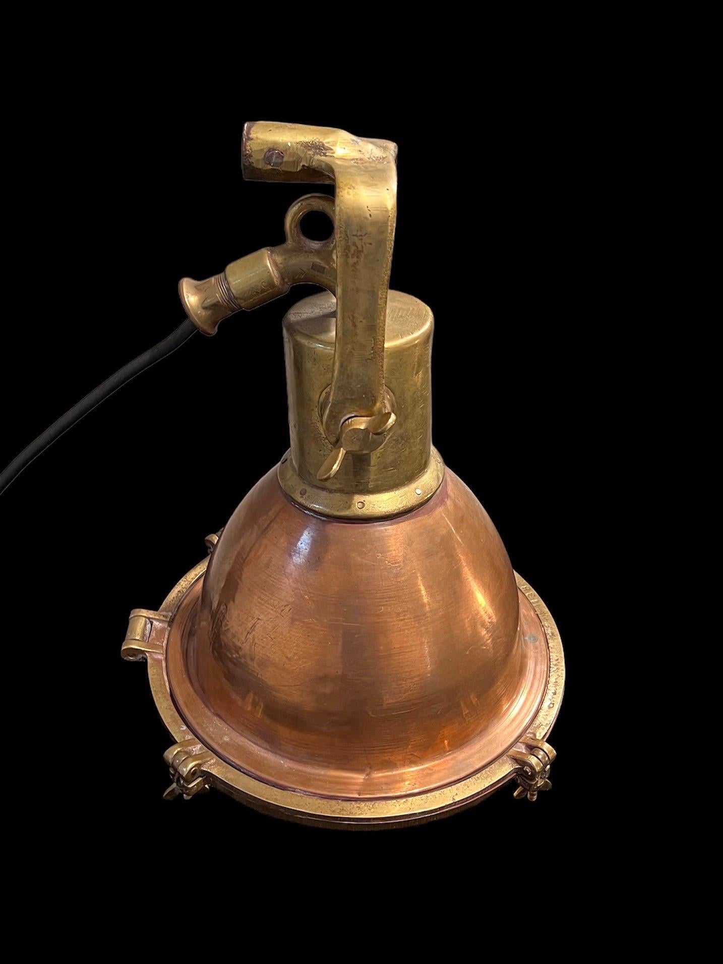 Beehive Nautical Brass & Copper Pendant Lamp In Good Condition In Huntington, NY
