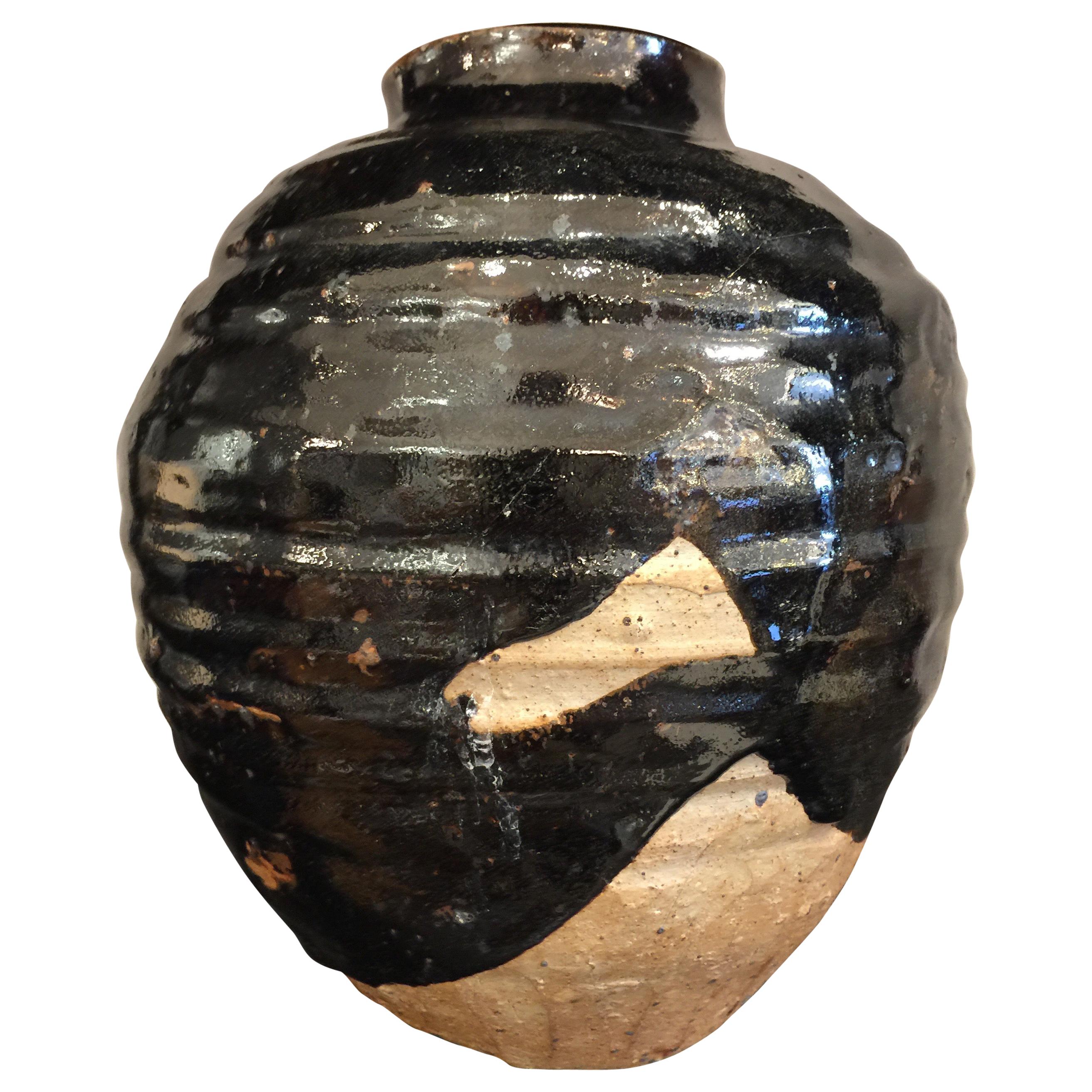 Beehive Style Black Glazed Earthenware Vase For Sale