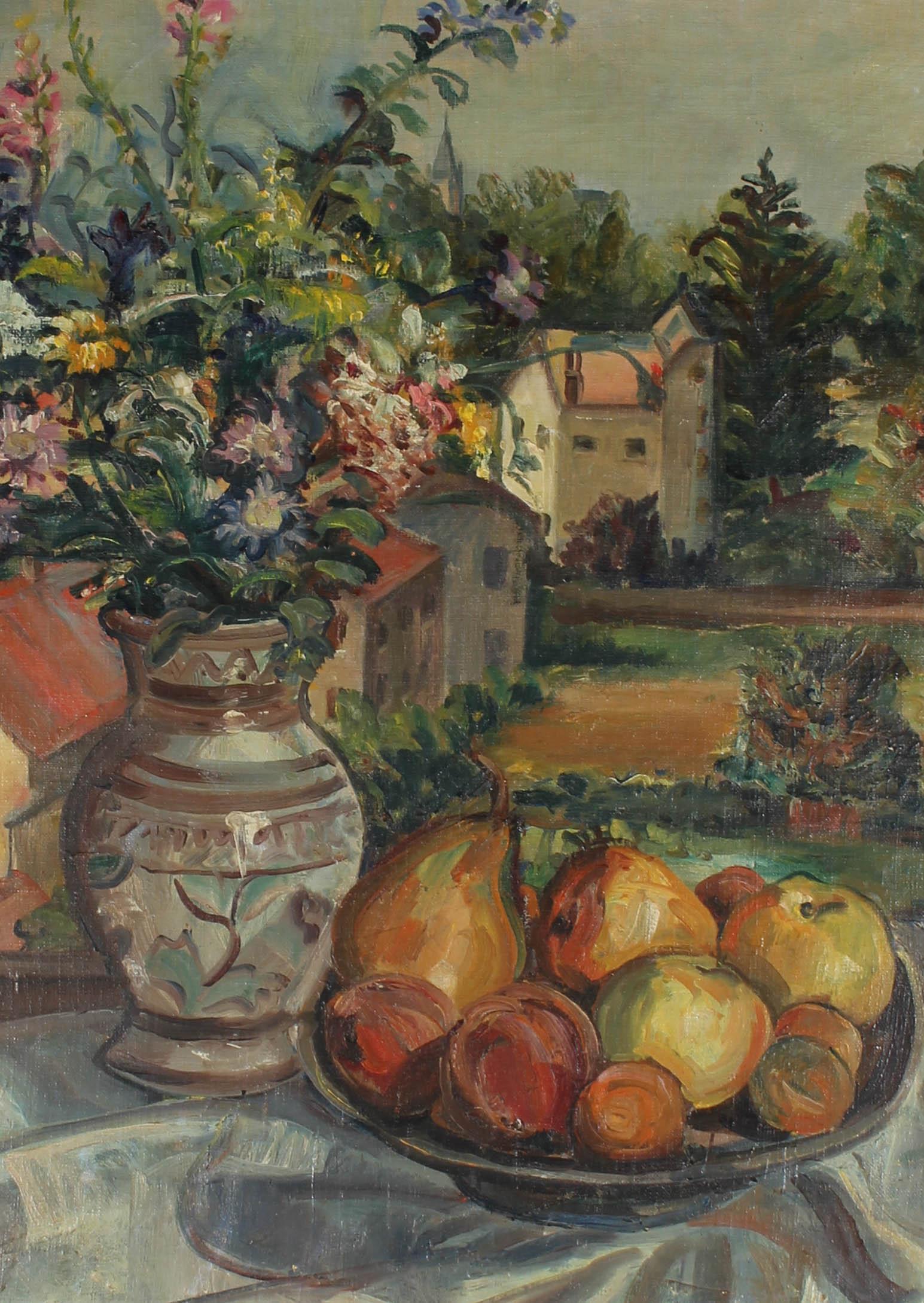 Cerveza - Óleo de mediados del siglo XX de la Escuela de Bloomsbury, Frutas y flores en la ventana - Painting de Beer