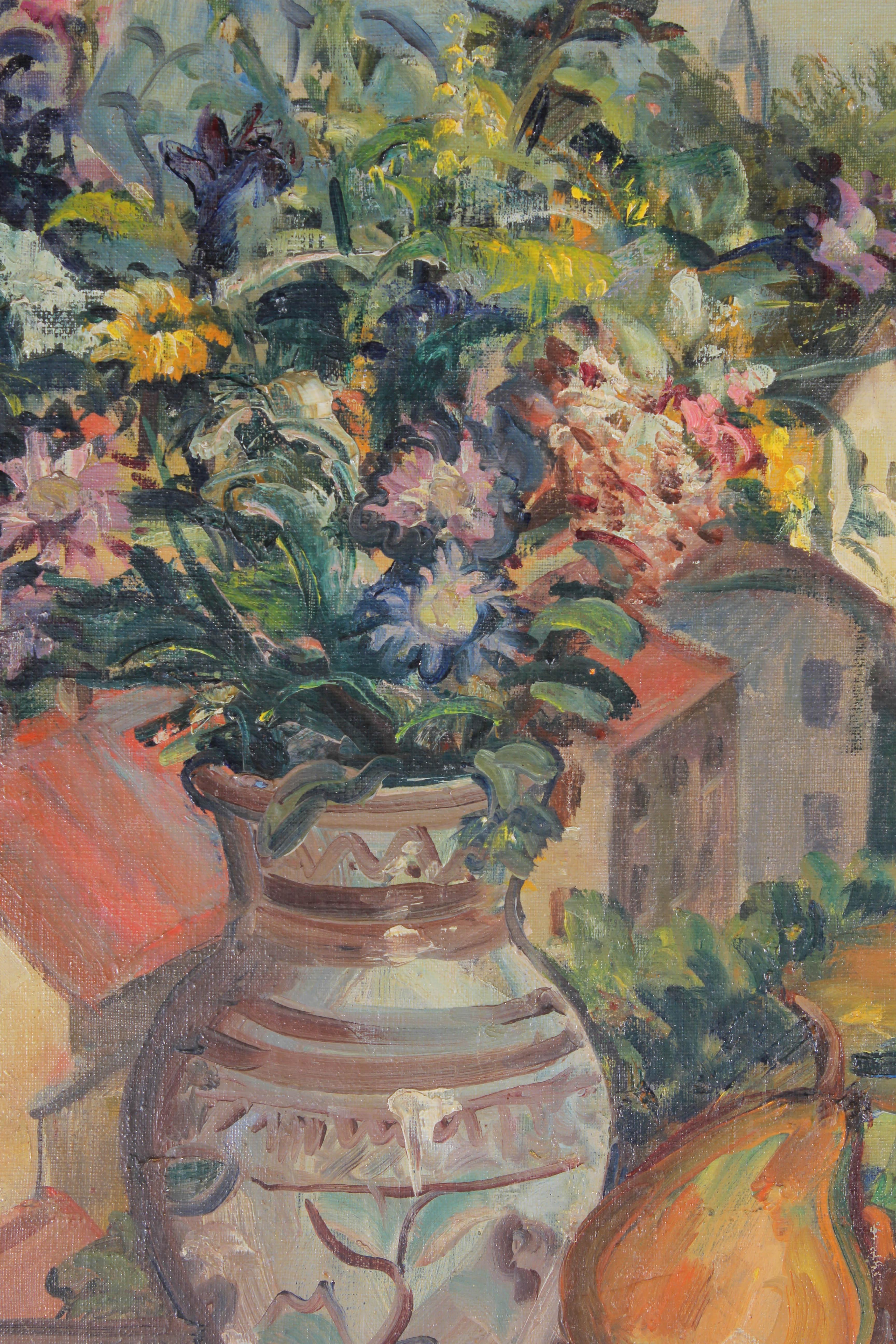 Cerveza - Óleo de mediados del siglo XX de la Escuela de Bloomsbury, Frutas y flores en la ventana 2