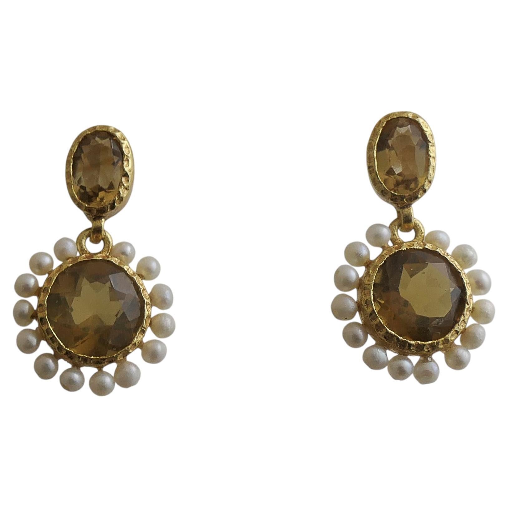 Beer Quartz and Pearl Gold Plated Sterling Silver Drop Dangle Earrings