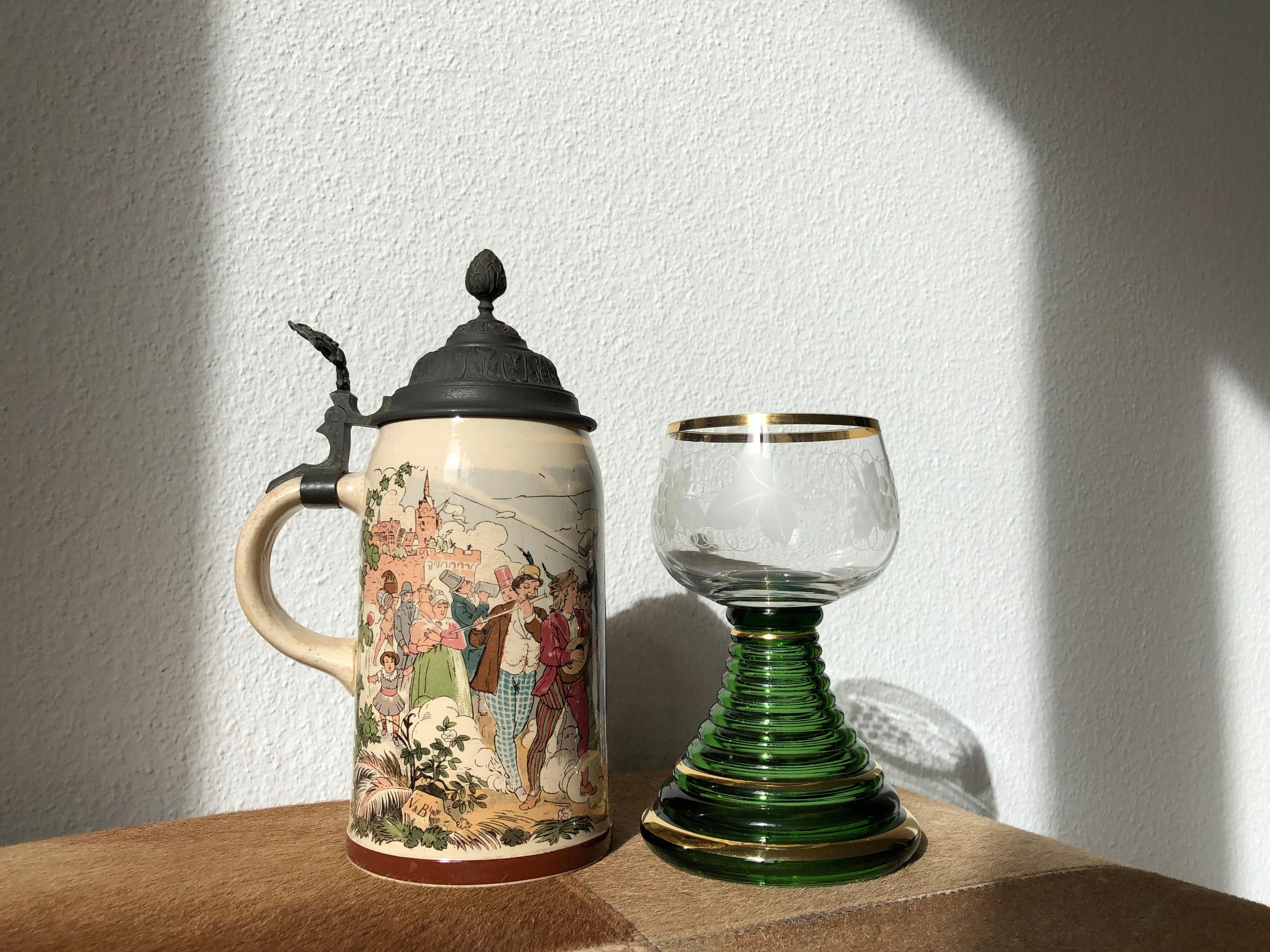 Early 20th Century Beer Stein Stoneware 1/2 Liter Mug Original Pewter Hinge Dancing Drinking Scene