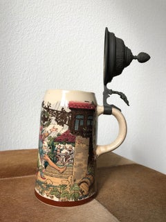 Beer Stein Stoneware 1/2 Liter Mug Original Pewter Hinge Dancing Drinking Scene