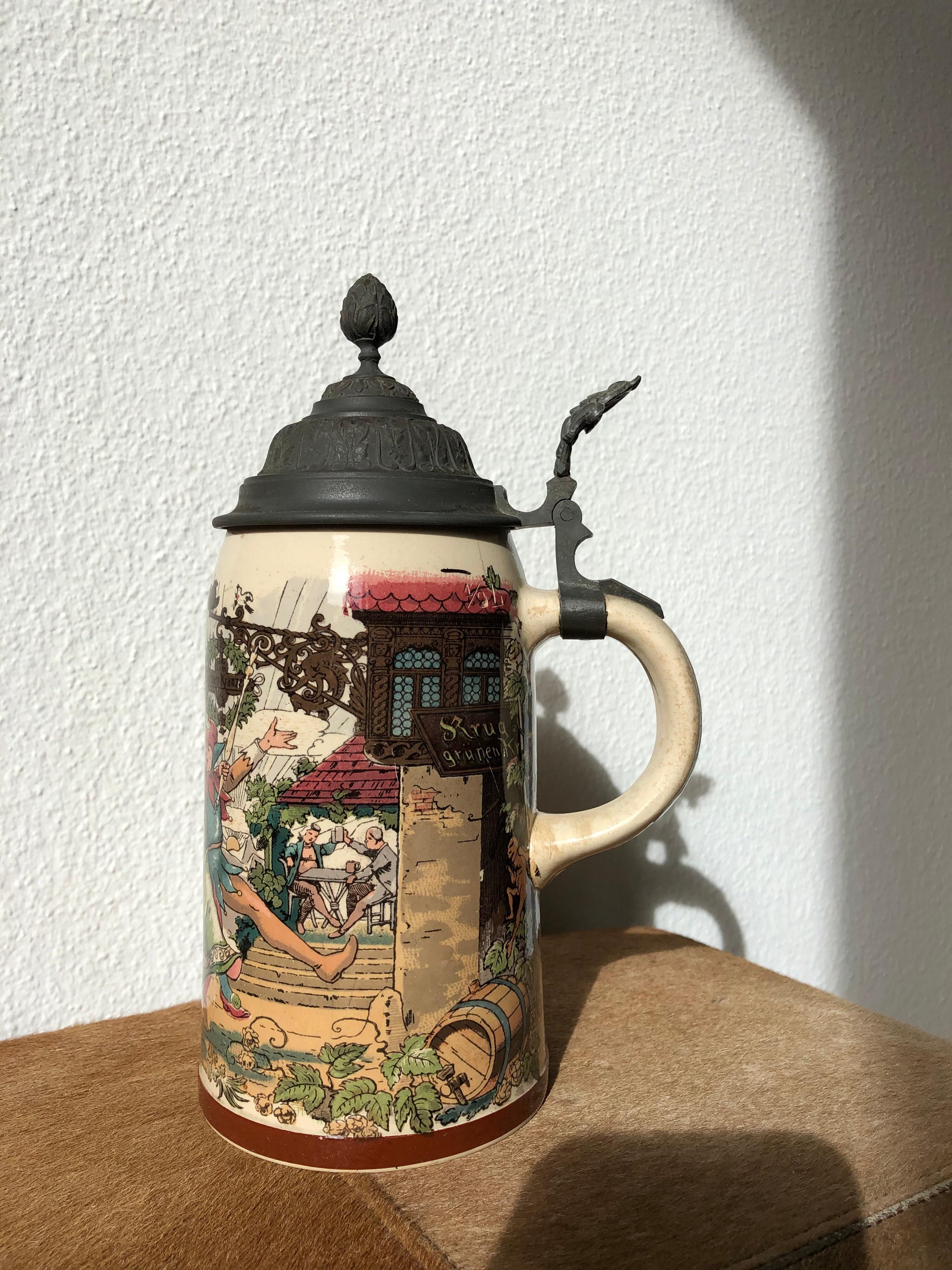 German Beer Stein Stoneware 1/2 Liter Mug Original Pewter Hinge Dancing Drinking Scene