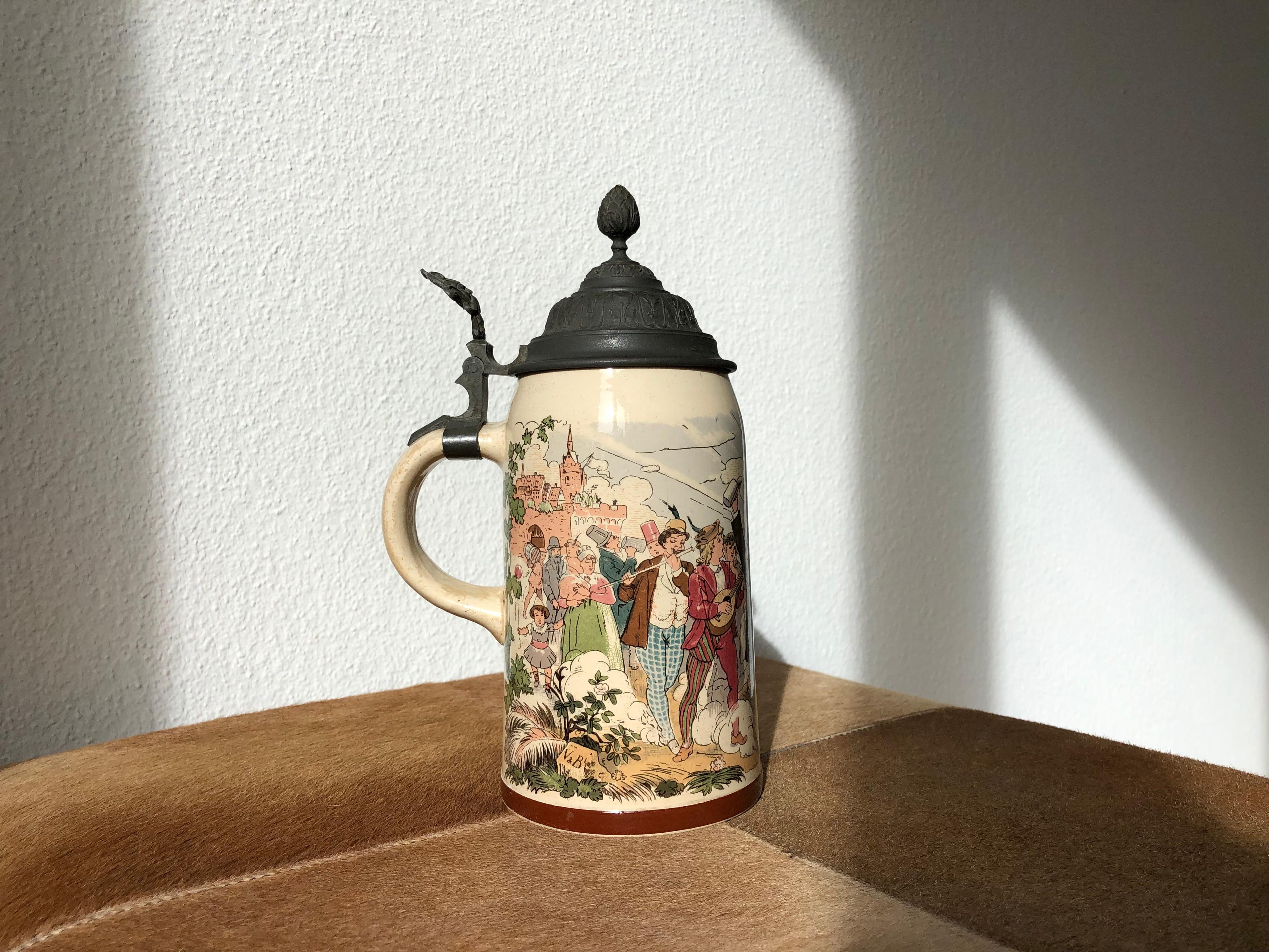 Hand-Painted Beer Stein Stoneware 1/2 Liter Mug Original Pewter Hinge Dancing Drinking Scene