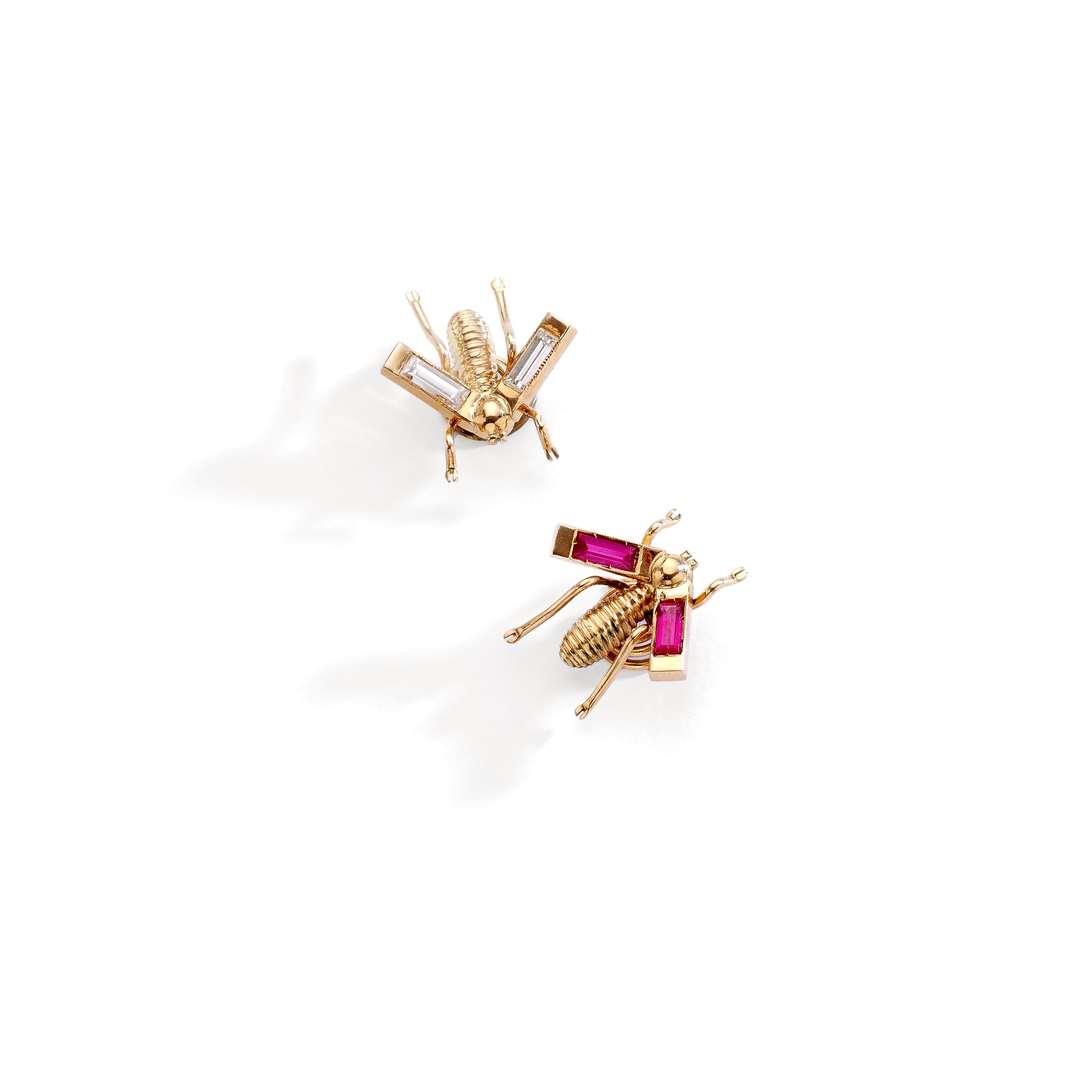 Art Deco Bees Diamond and Red Stone Gold Pins For Sale