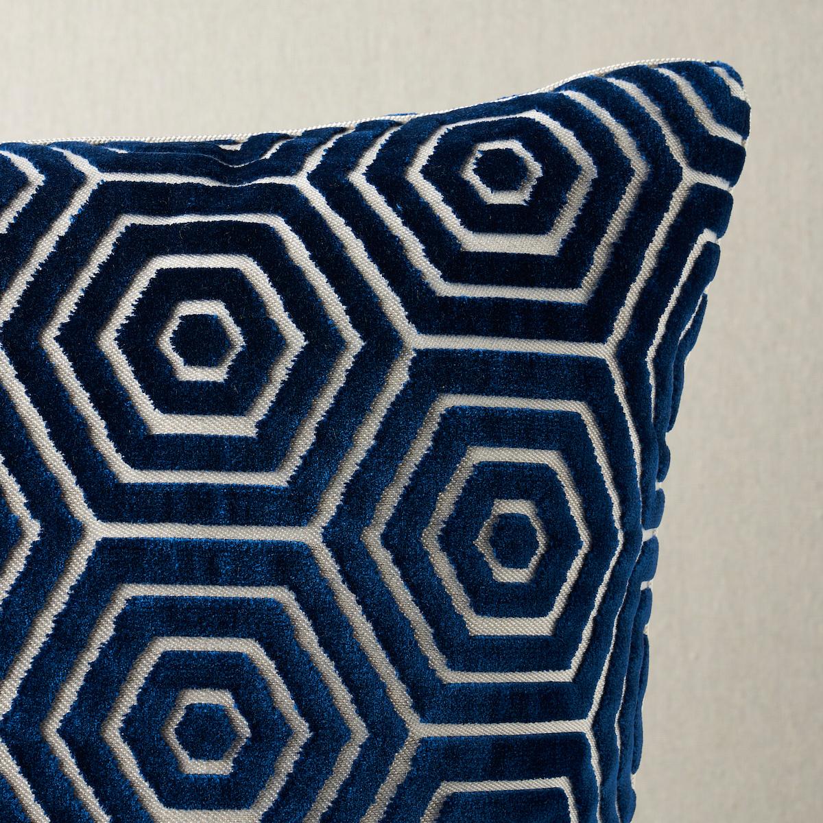 This pillow features Bees Knees Cut Velvet by Mary McDonald. An alluring combination of dense pile and flat ground weave, Mary McDonald’s Bees Knees Cut Velvet in navy is a mod geometric fabric design that makes a chic graphic statement. Pillow is