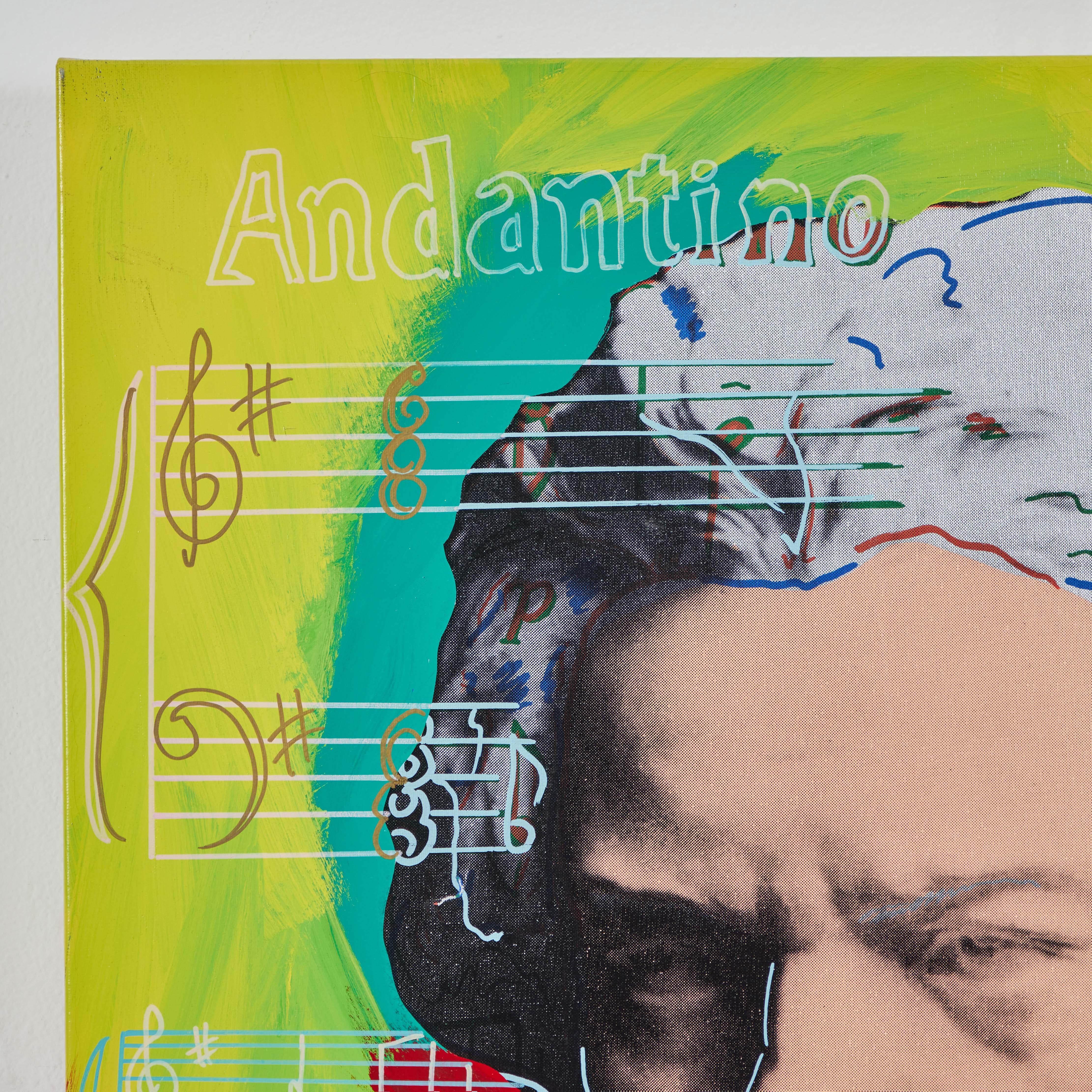 This is a wonderful screenprint on canvas with hand embellishment by Steve Kaufman. Once Andy Warhol's assistant, Steve Kaufman was a prominent pop artist in the 1980s-2000s. This Beethoven piece is from his 