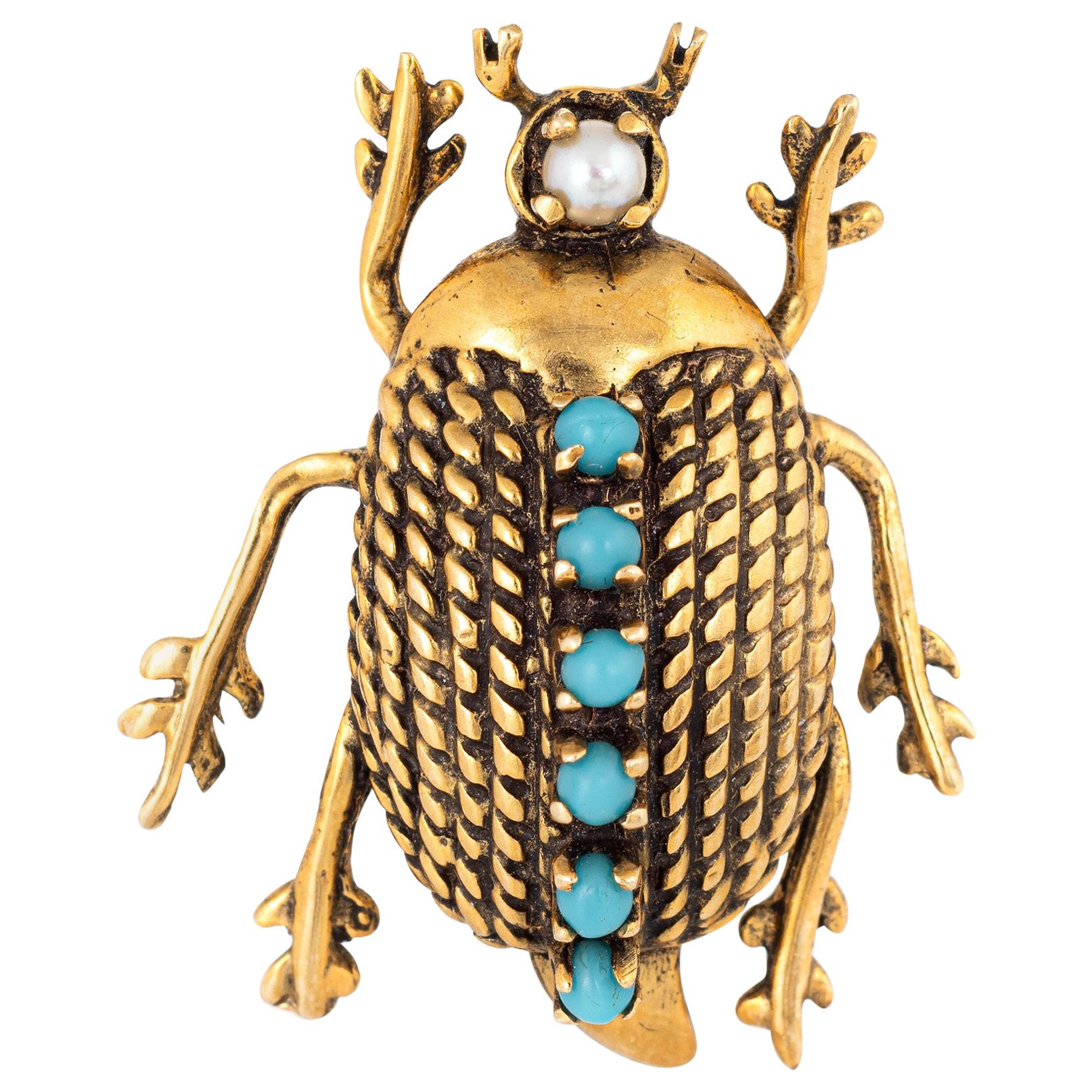 Beetle Brooch Vintage 1960s Turquoise Pearl 14 Karat Gold Estate Bug Jewelry