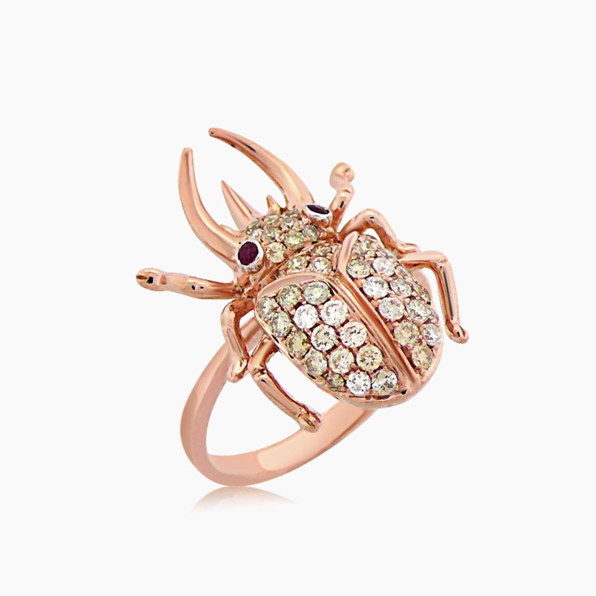 Käferkäfer Diamant Pave & Rubin 18K Rose Gold Tier Ring (Gemischter Schliff) im Angebot