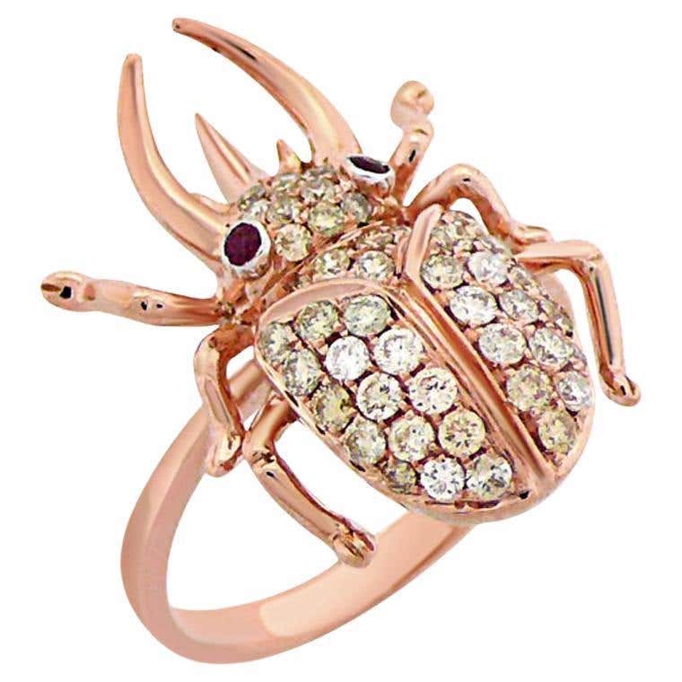 Ladybug Ring Ruby 18K Rose Gold Pink Sapphire Ladybug Ring with Diamonds For Sale at 1stDibs