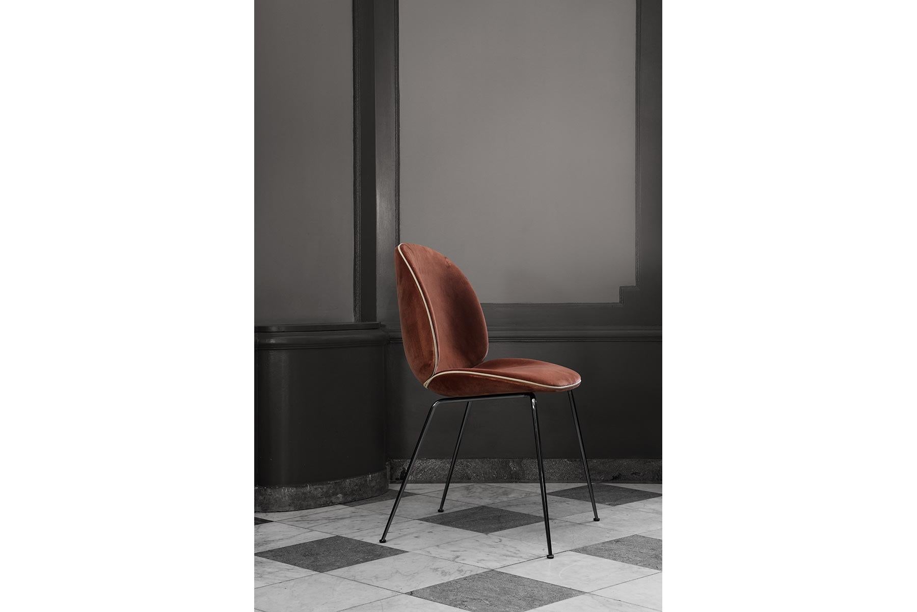 Contemporary Beetle Dining Chair, Front Upholstered, Conic Base, Antique Brass For Sale