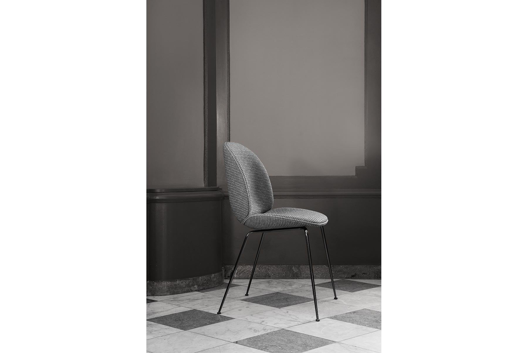 Contemporary Beetle Dining Chair, Front Upholstered, Conic Base, Matte Black  For Sale