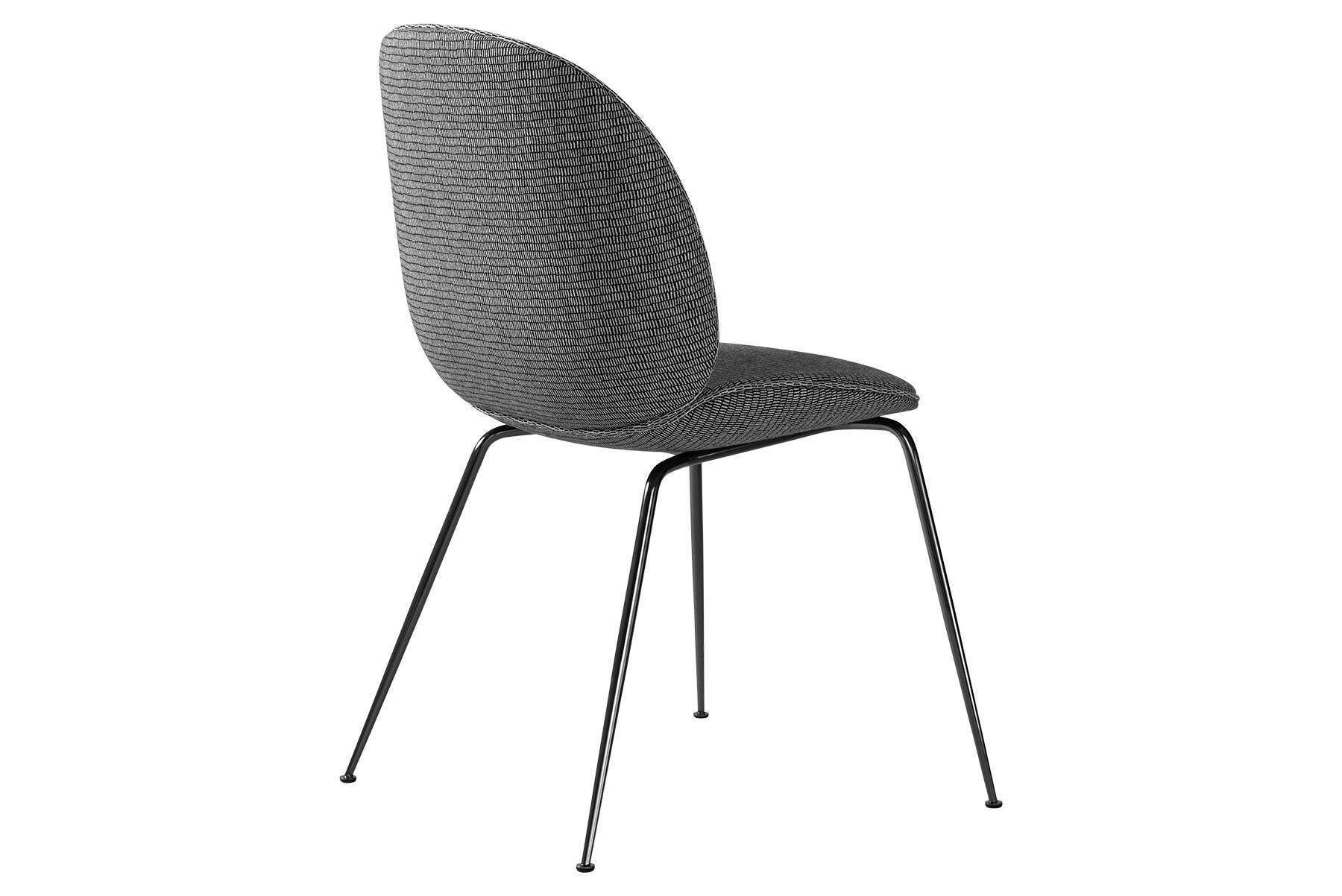 Mid-Century Modern Beetle Dining Chair, Fully Upholstered, Conic Base, Black Chrome For Sale