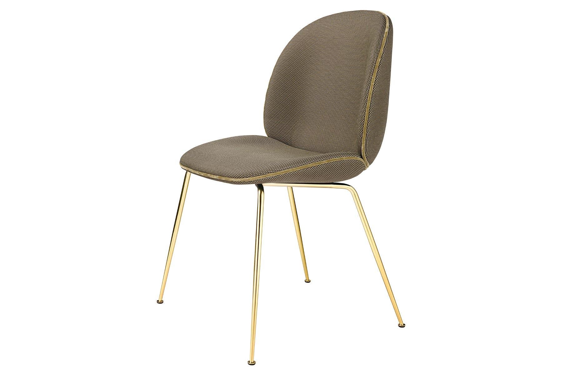 Beetle Dining Chair, Fully Upholstered, Conic Base, Brass Semi Matte For Sale 4