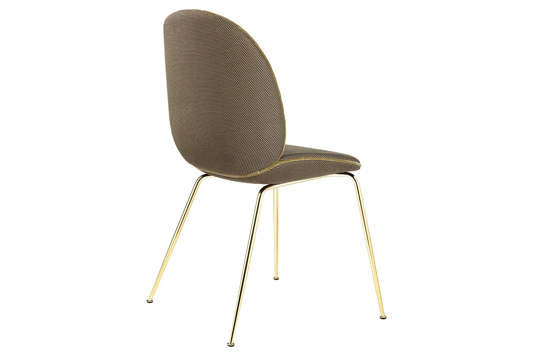 Beetle Dining Chair, Fully Upholstered, Conic Base, Brass Semi Matte For Sale 5