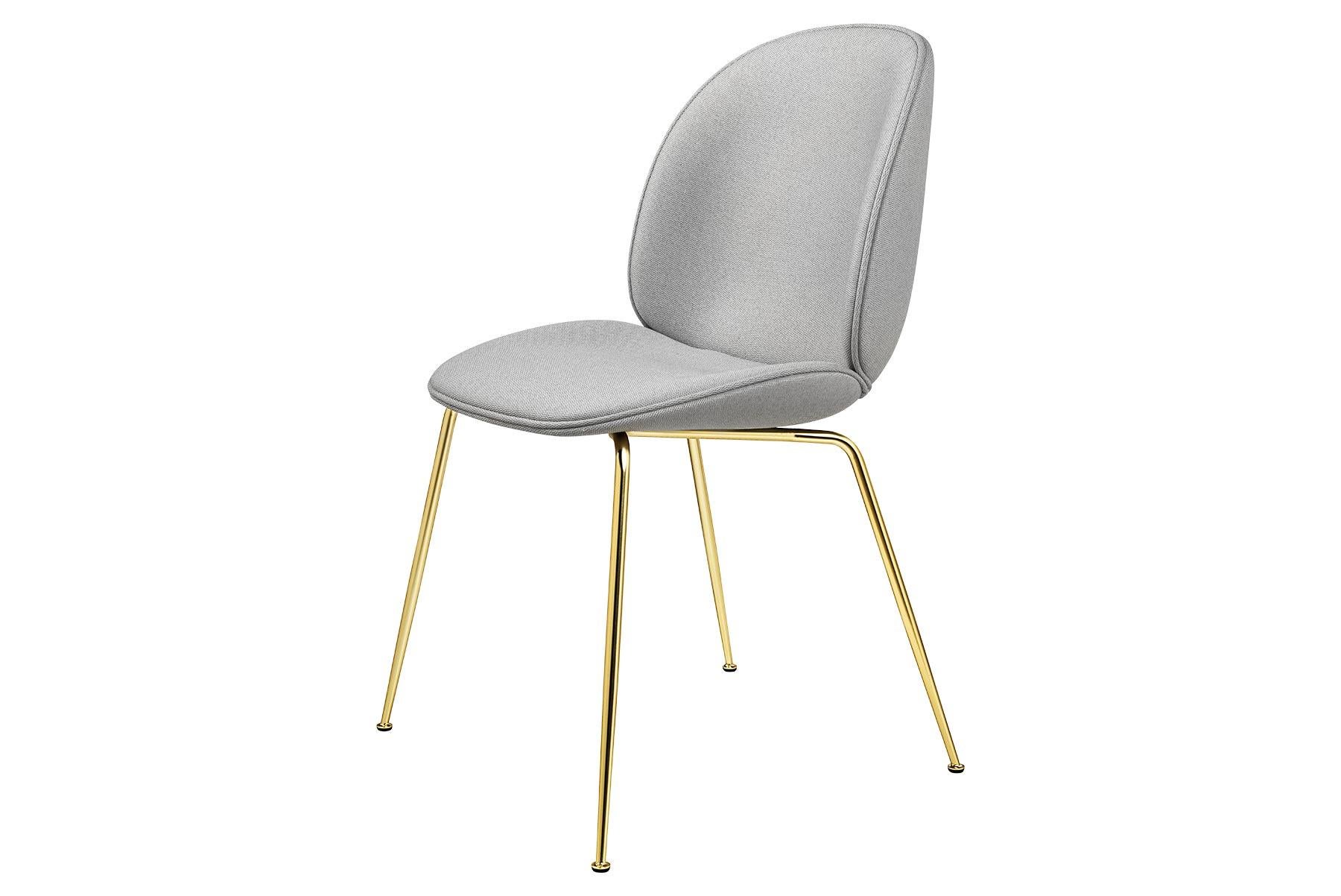 Mid-Century Modern Beetle Dining Chair, Fully Upholstered, Conic Base, Brass Semi Matte For Sale