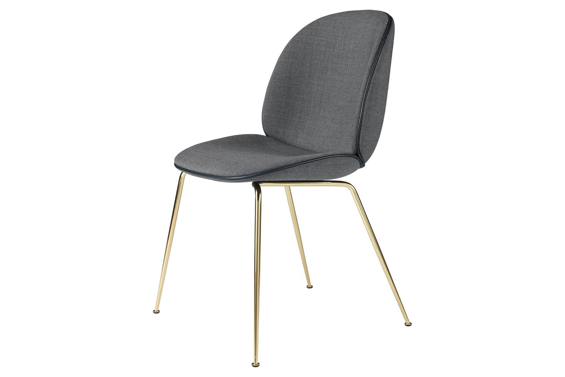 Brushed Beetle Dining Chair, Fully Upholstered, Conic Base, Brass Semi Matte For Sale