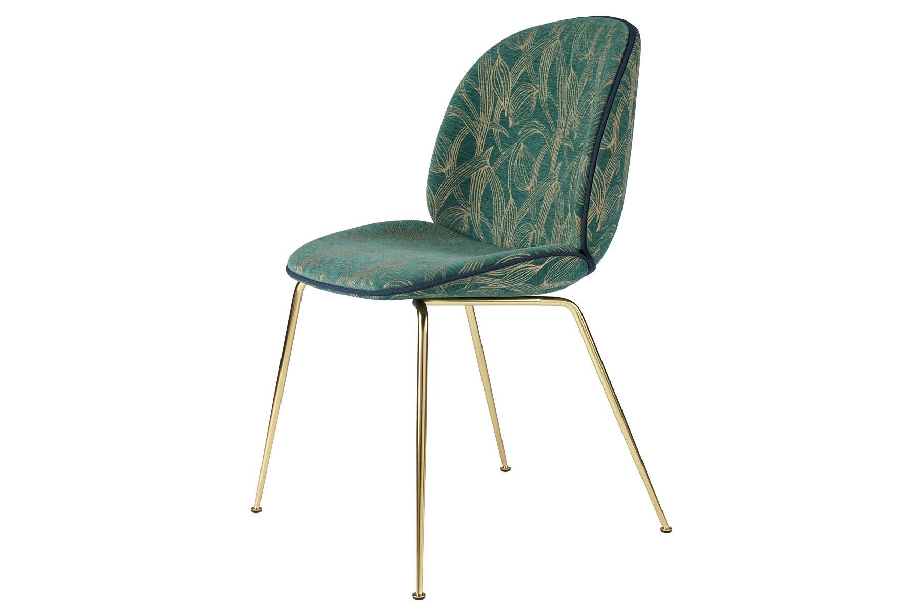 Contemporary Beetle Dining Chair, Fully Upholstered, Conic Base, Brass Semi Matte For Sale