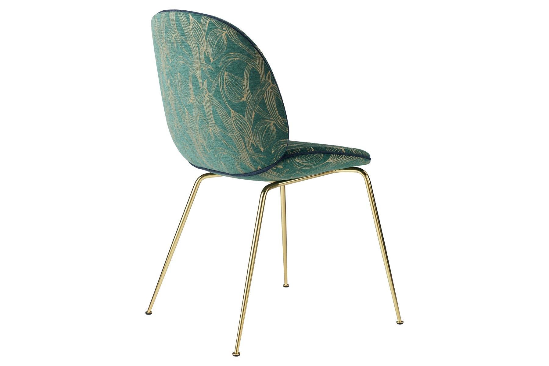 Beetle Dining Chair, Fully Upholstered, Conic Base, Brass Semi Matte For Sale 1