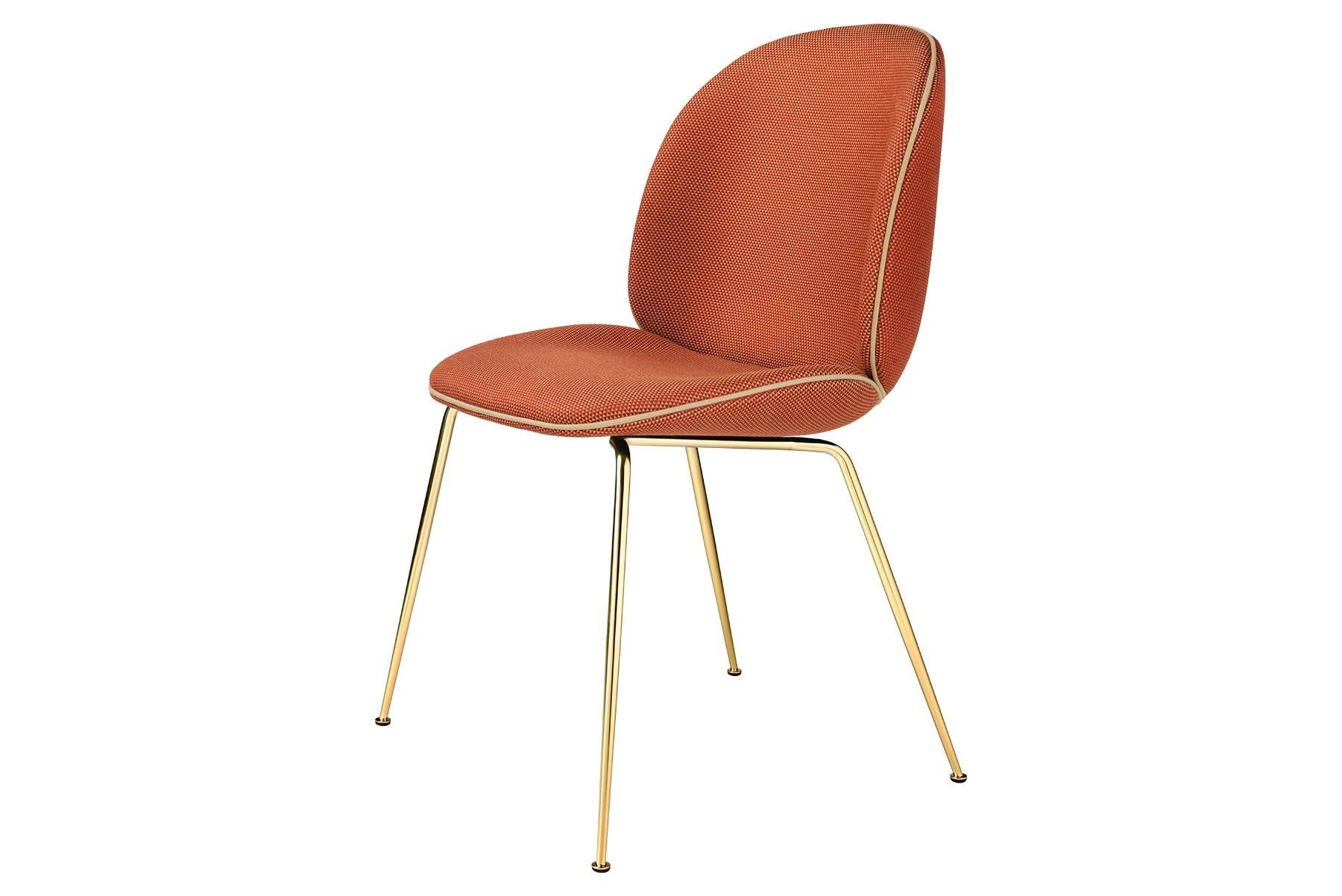 Beetle Dining Chair, Fully Upholstered, Conic Base, Brass Semi Matte For Sale 2