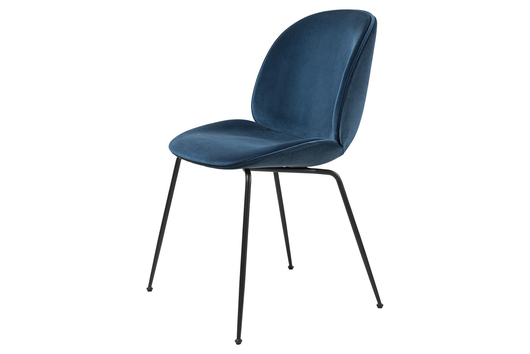 Powder-Coated Beetle Dining Chair, Fully Upholstered, Conic Base, Matte Black For Sale