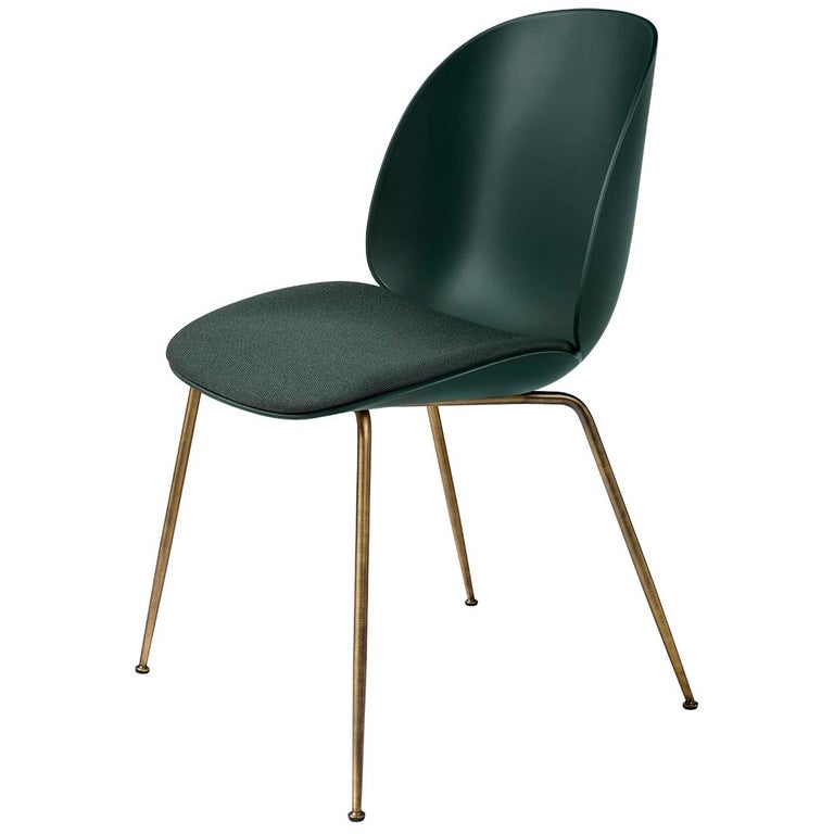 Beetle Dining Chair, Seat Upholstered, Conic Base, Antique Brass For Sale