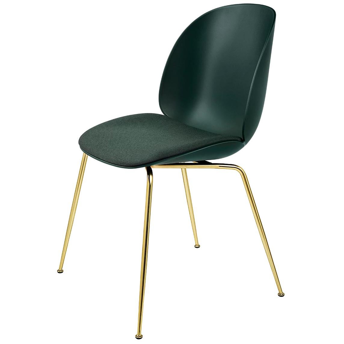 Beetle Dining Chair, Seat Upholstered, Conic Base, Brass Semi Matte