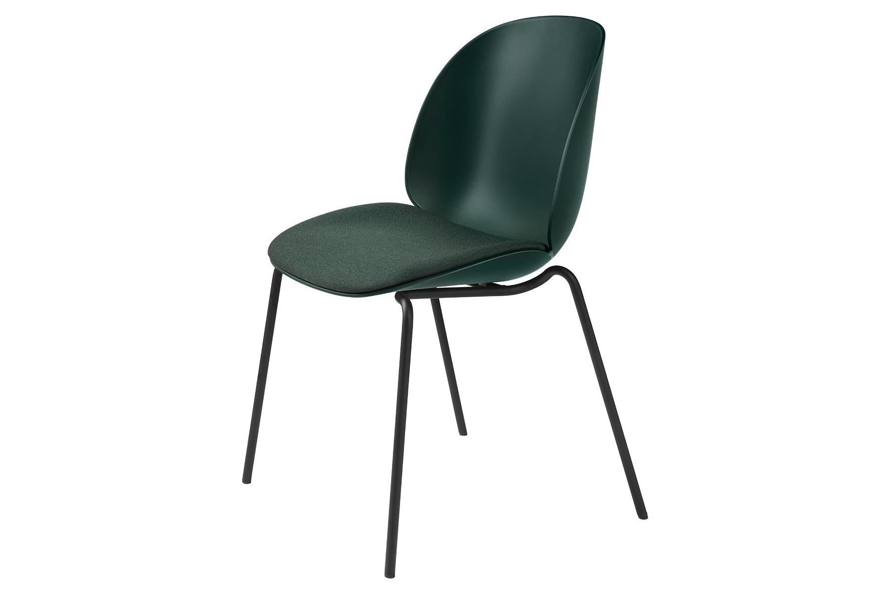 Mid-Century Modern Beetle Dining Chair, Seat Upholstered, Stackable Base, Chrome For Sale