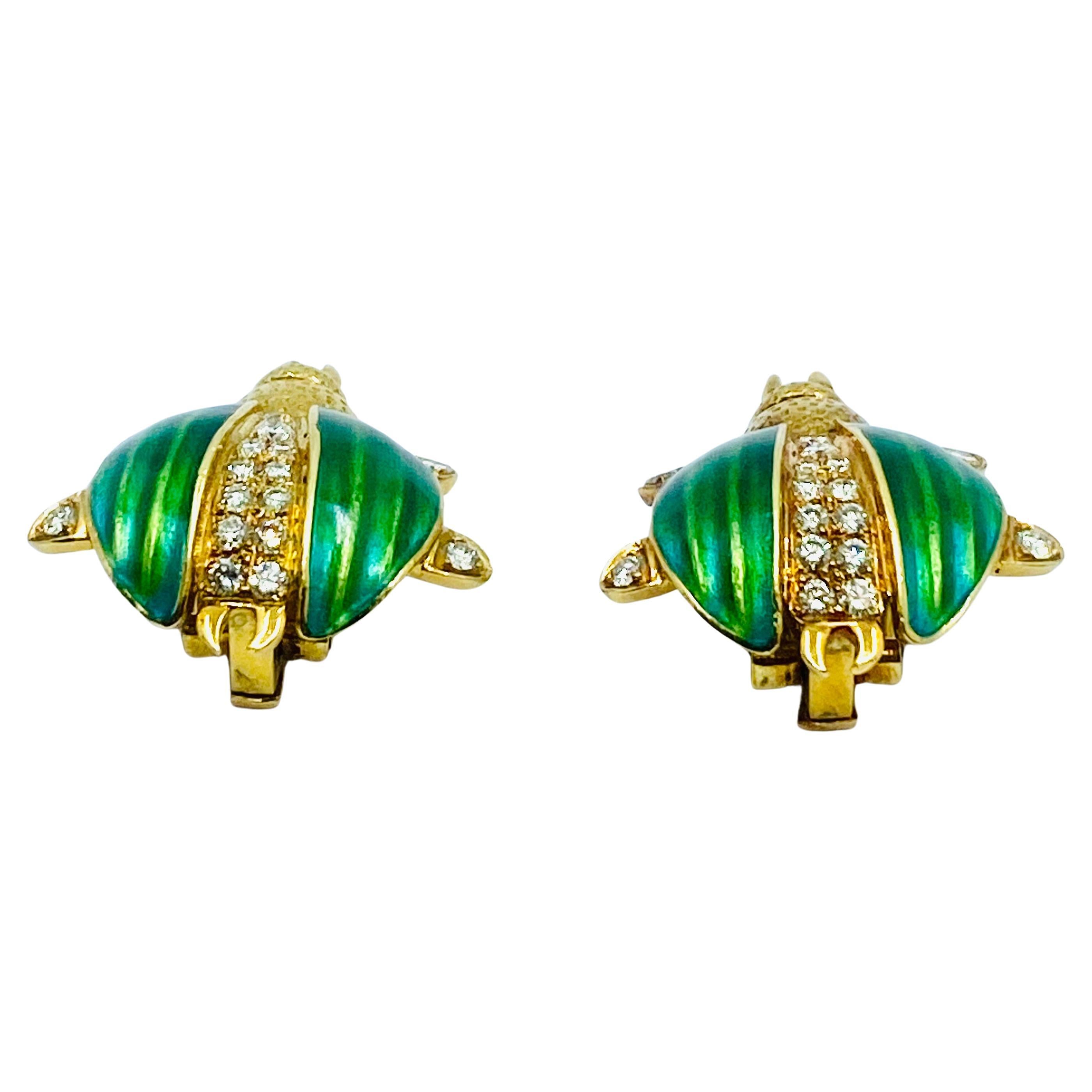 Women's Beetle Earrings Vintage 18k Gold Diamond Enamel