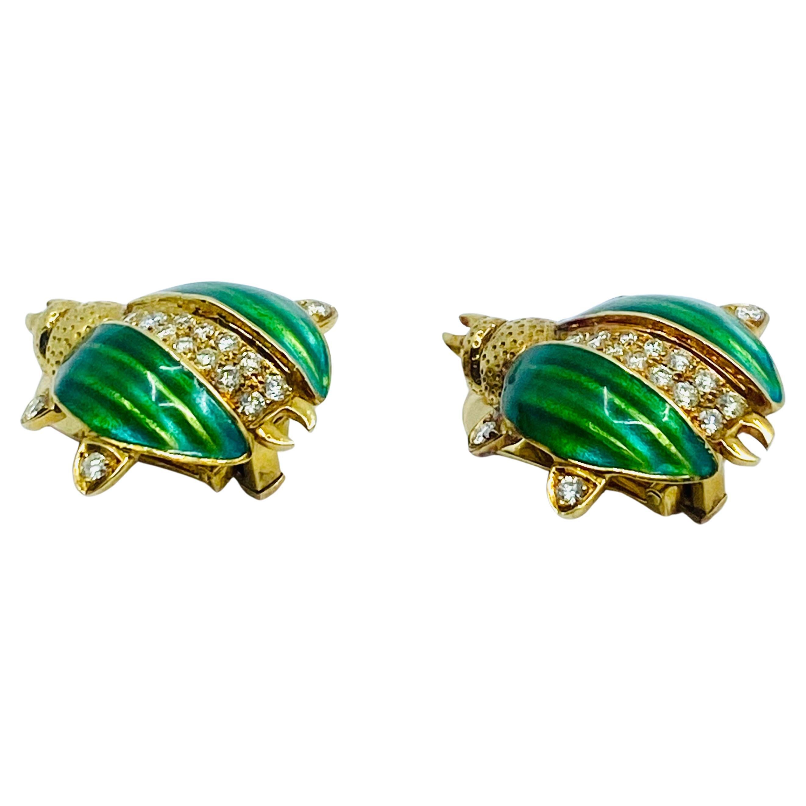 Beetle Earrings Vintage 18k Gold Diamond Enamel For Sale 1