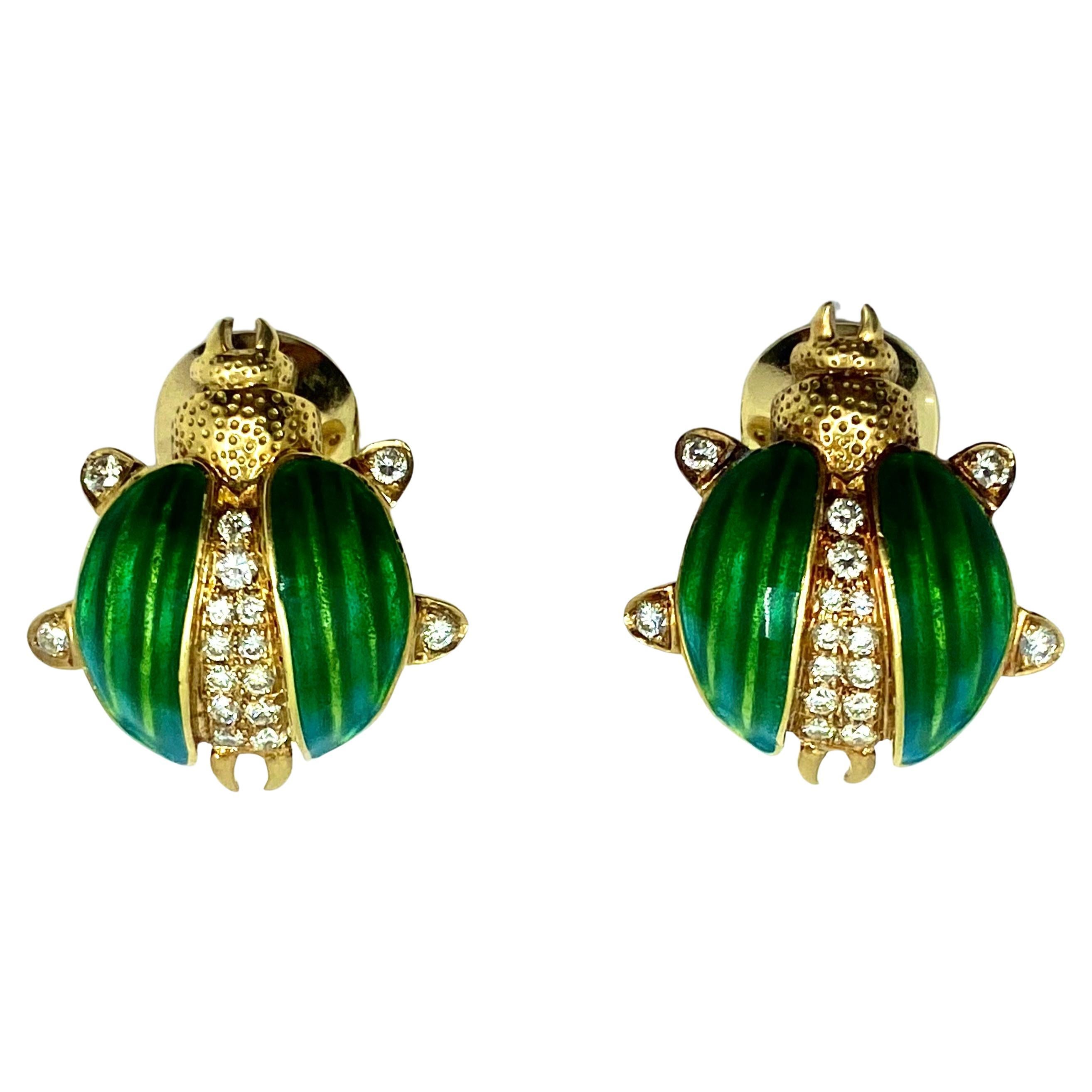 Beetle Earrings Vintage 18k Gold Diamond Enamel For Sale 2