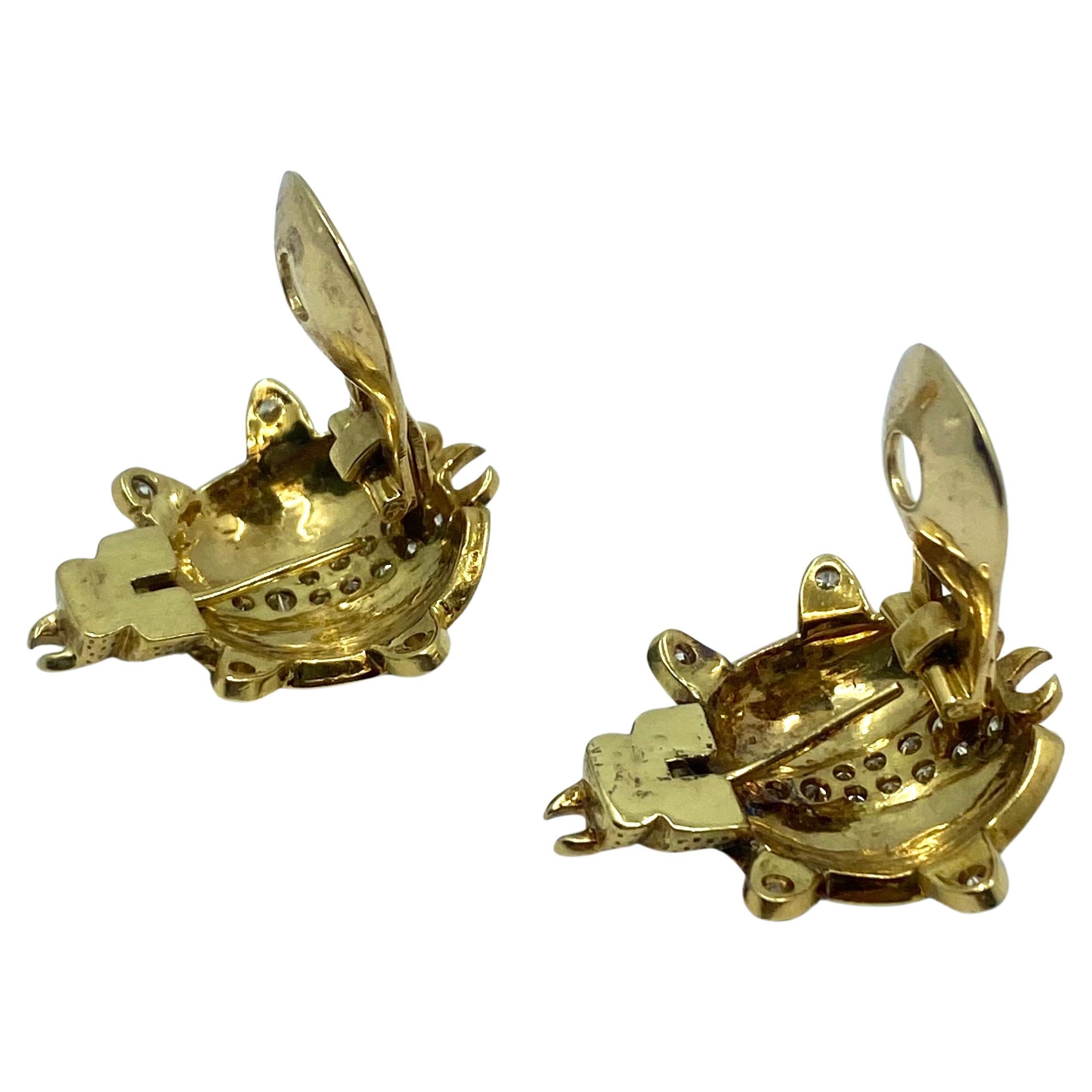 Beetle Earrings Vintage 18k Gold Diamond Enamel For Sale 3