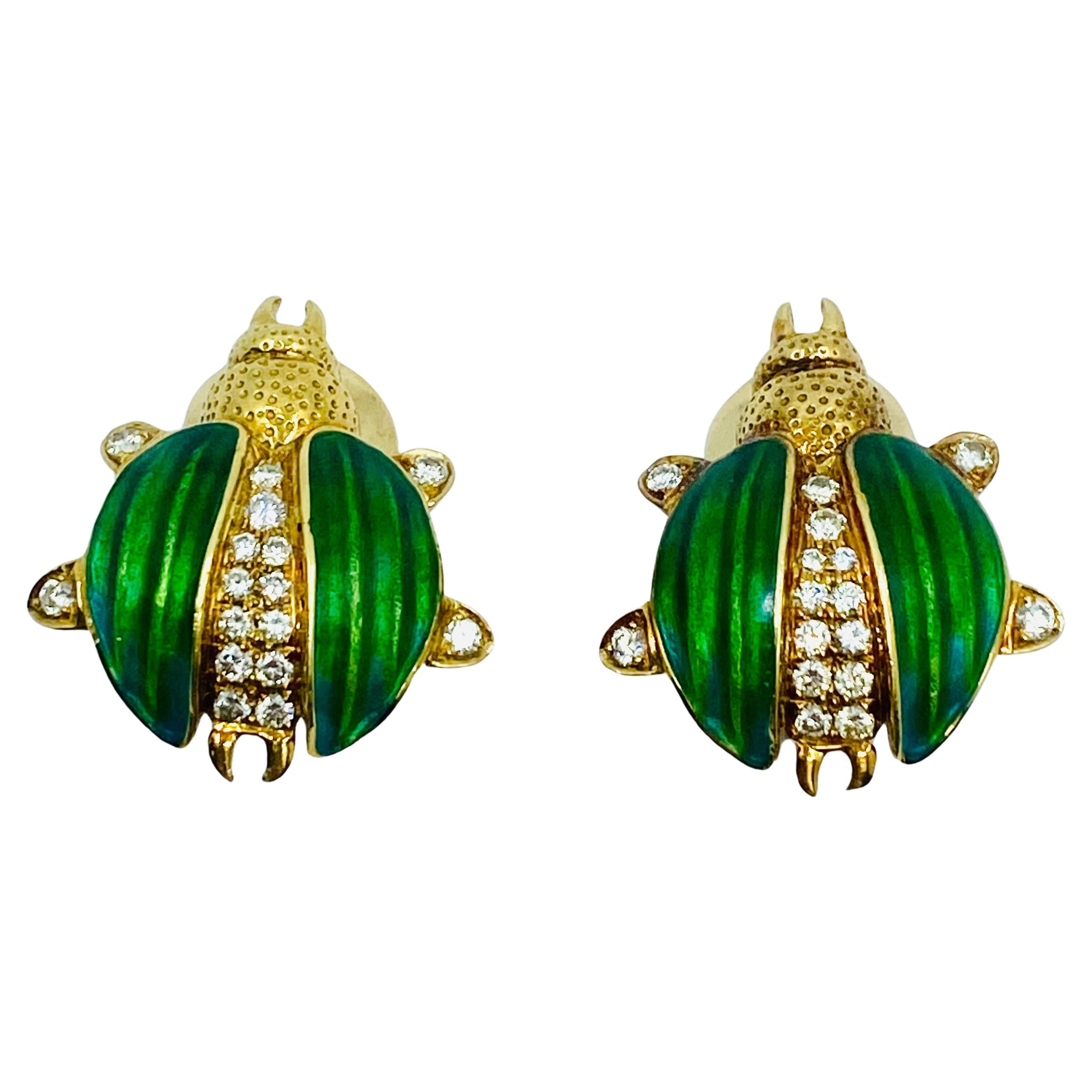 Beetle Earrings Vintage 18k Gold Diamond Enamel For Sale