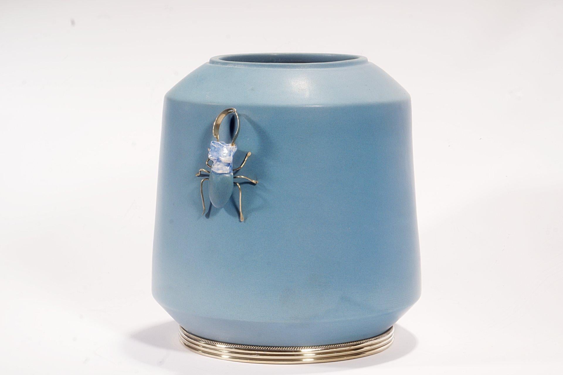 Mexican Beetle Jar by Estudio Guerrero, Glazed Ceramic and White Metal