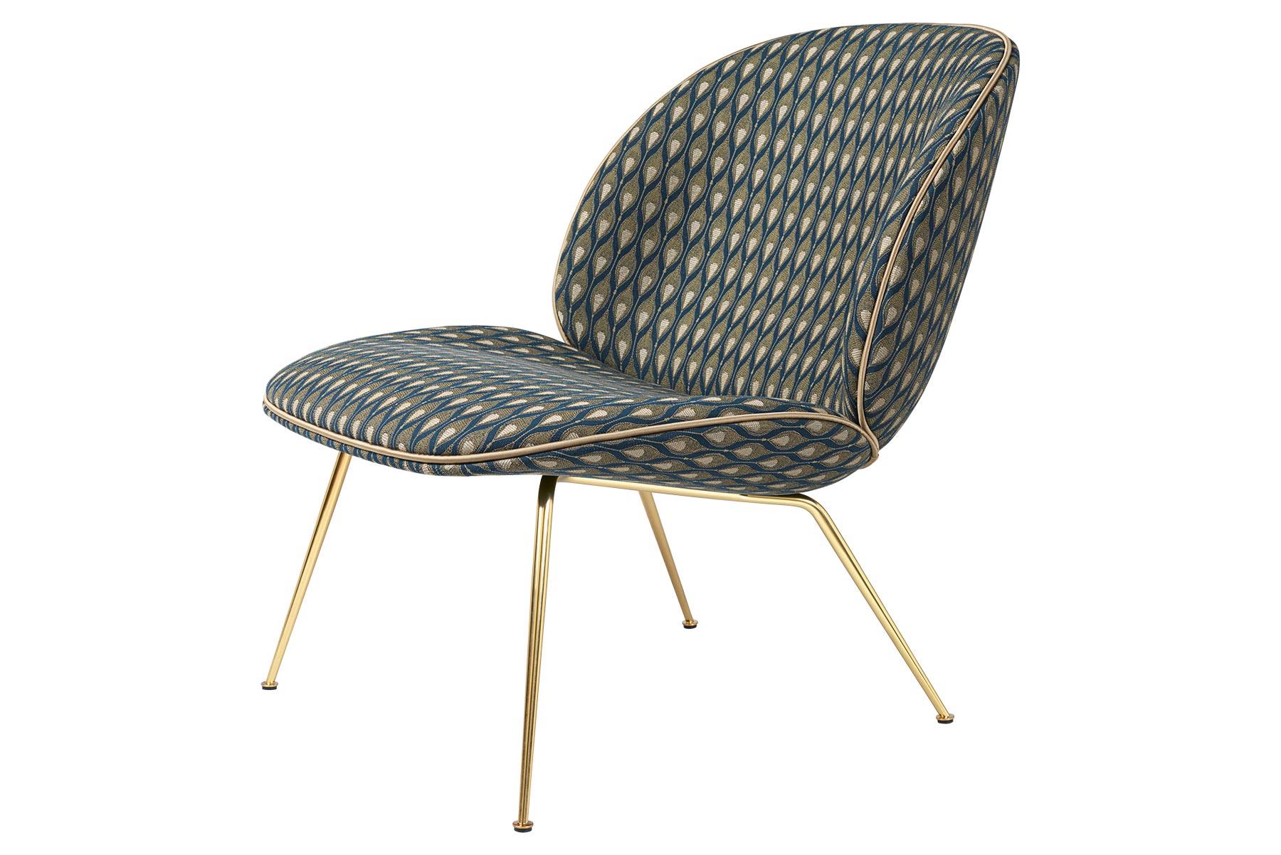 Beetle Lounge Chair, Fully Upholstered, Conic Base, Antique Brass For Sale 4
