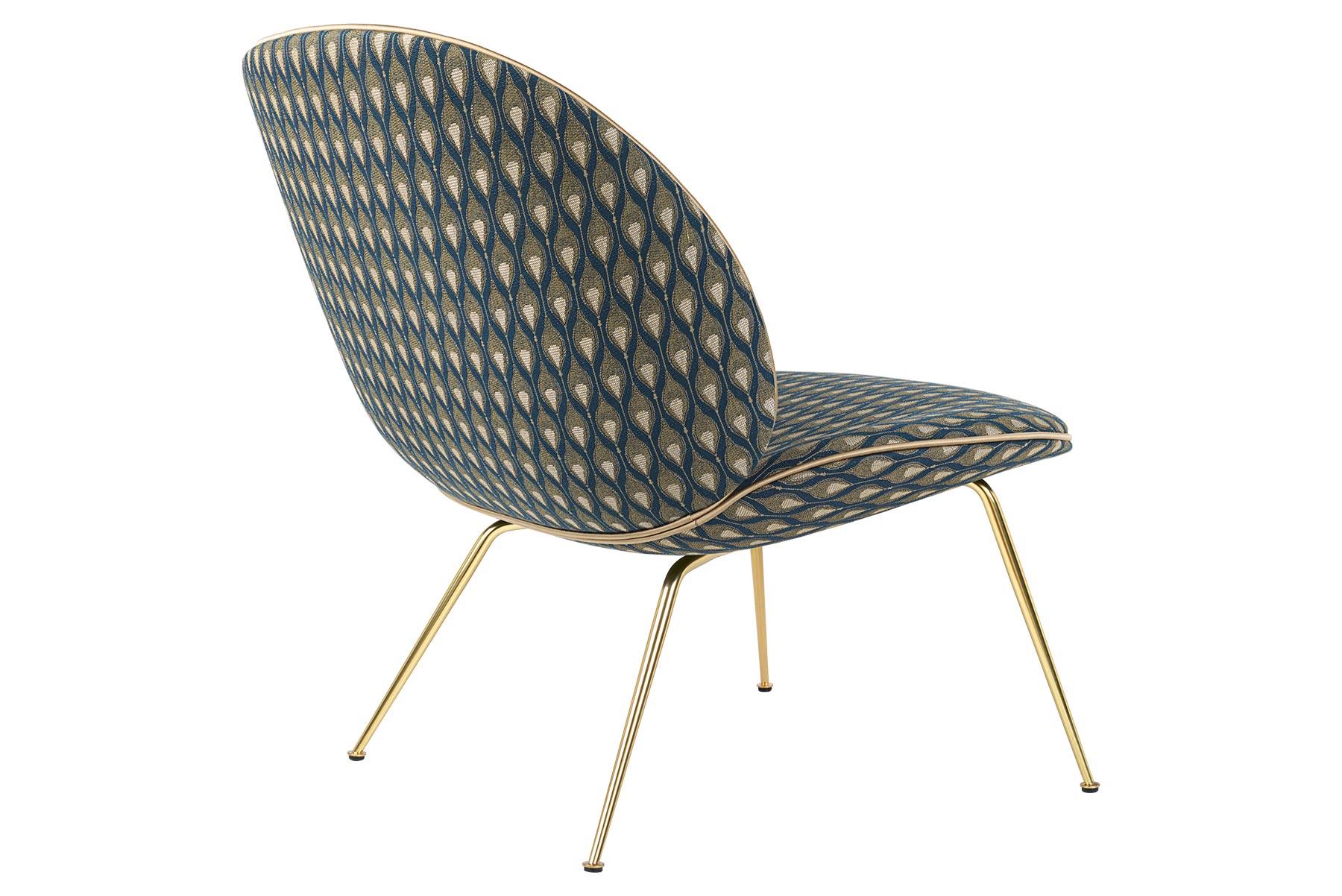 Beetle Lounge Chair, Fully Upholstered, Conic Base, Antique Brass For Sale 5