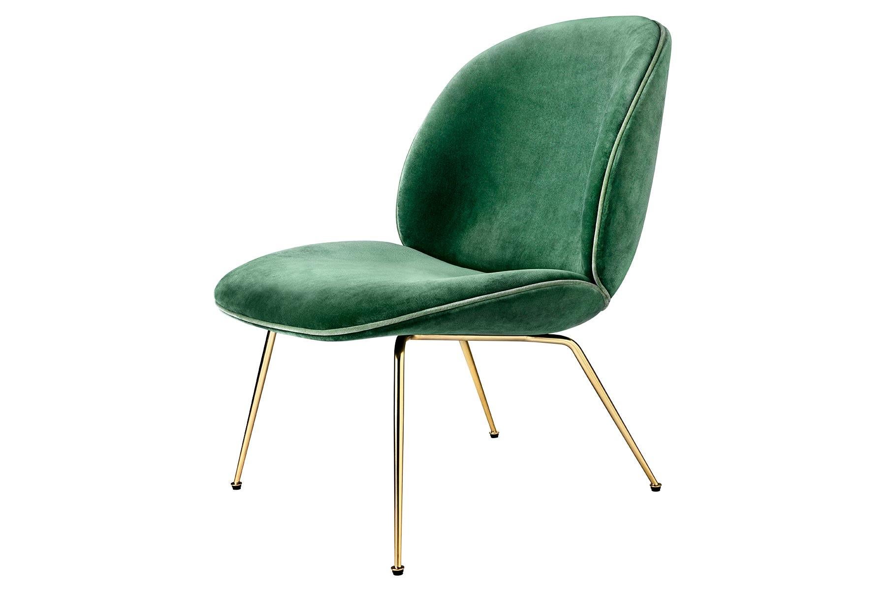 Mid-Century Modern Beetle Lounge Chair, Fully Upholstered, Conic Base, Antique Brass For Sale