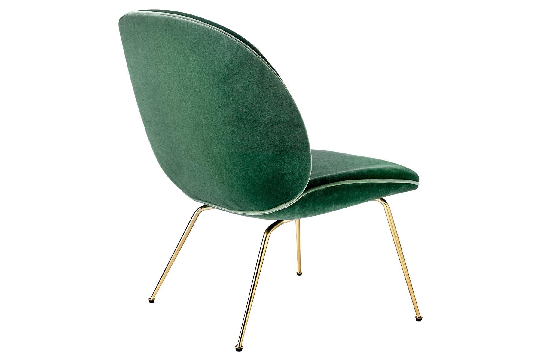 Danish Beetle Lounge Chair, Fully Upholstered, Conic Base, Antique Brass For Sale