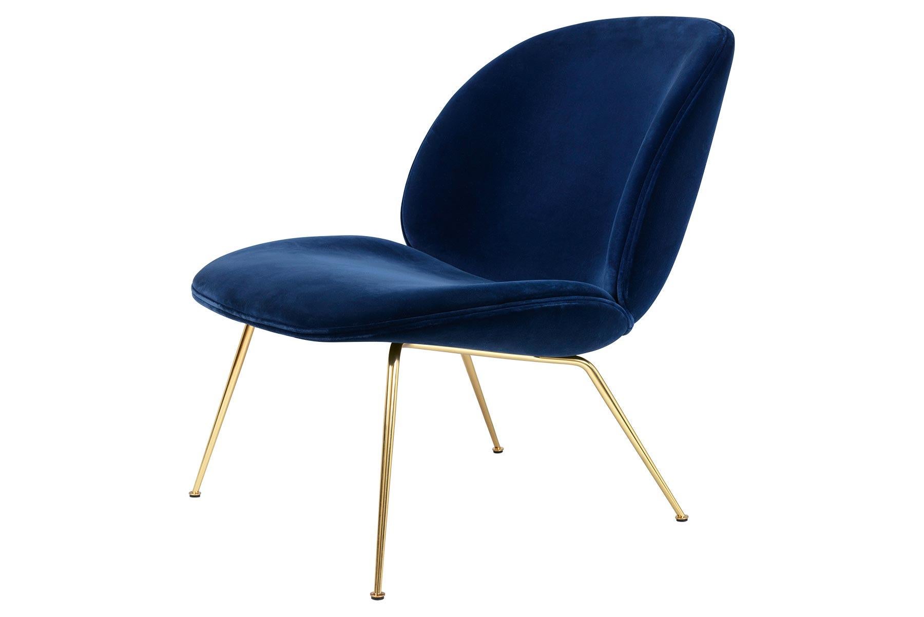Polished Beetle Lounge Chair, Fully Upholstered, Conic Base, Antique Brass For Sale