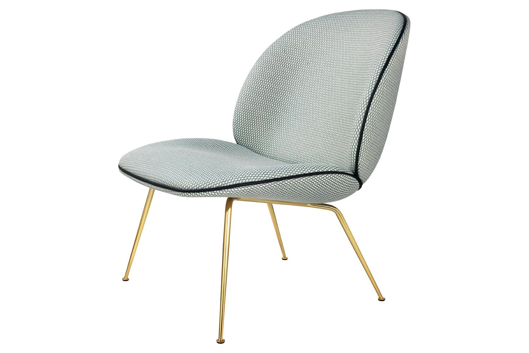 Beetle Lounge Chair, Fully Upholstered, Conic Base, Antique Brass For Sale 2