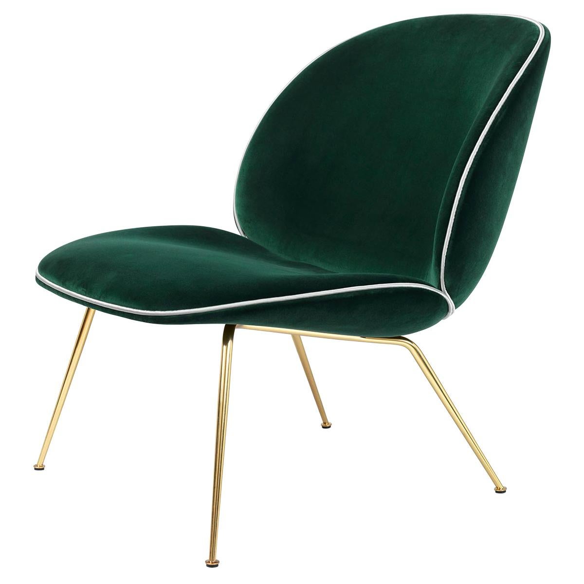 Beetle Lounge Chair, Fully Upholstered, Conic Base, Antique Brass