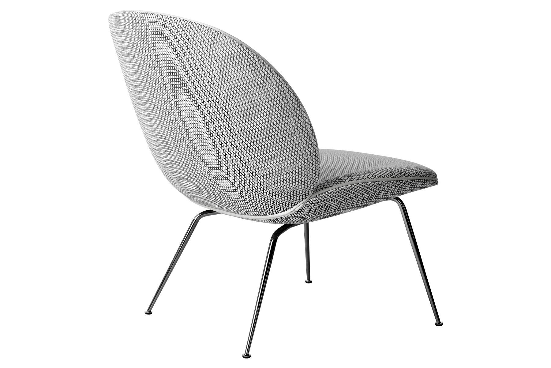 Mid-Century Modern Beetle Lounge Chair, Fully Upholstered, Conic Base, Black Chrome For Sale