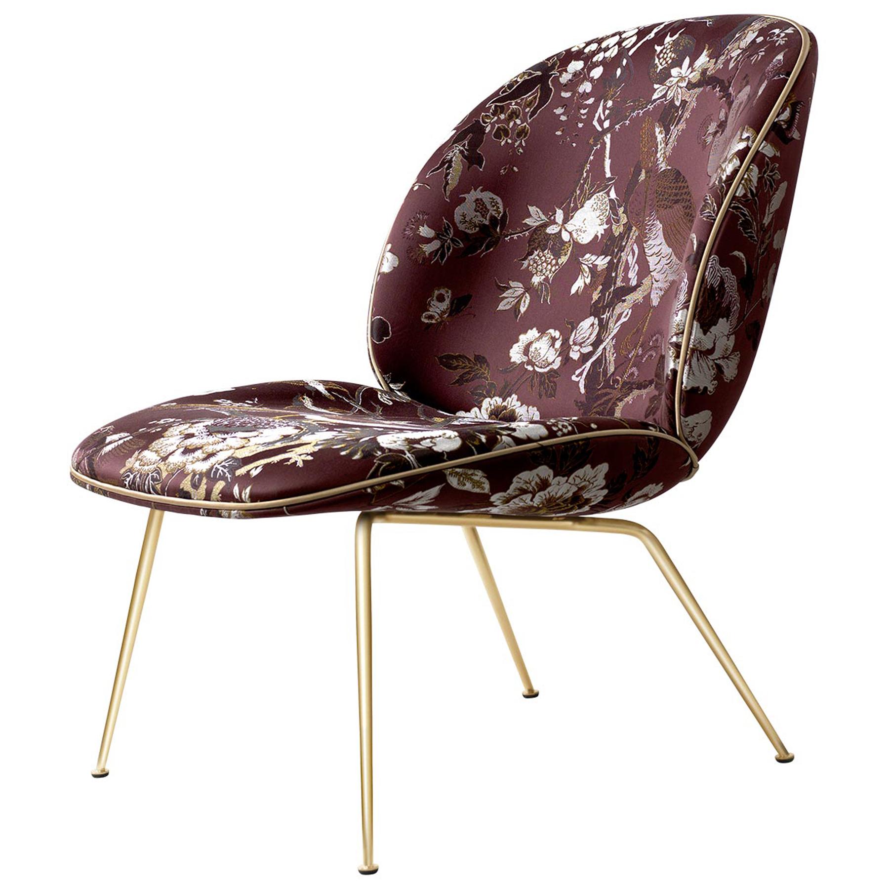 Beetle Lounge Chair, Fully Upholstered, Conic Base, Brass Semi Matte For Sale