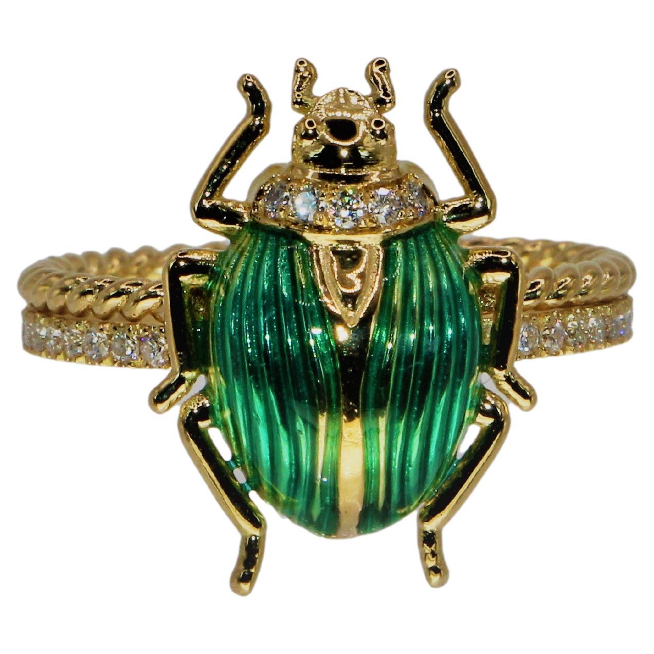 Beetle Ring in Green Enameling 18Kt Gold Granulated and Diamond Shoulders For Sale