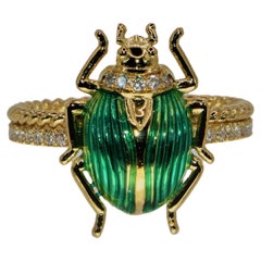Beetle Ring in Green Enameling 18Kt Gold Granulated and Diamond Shoulders