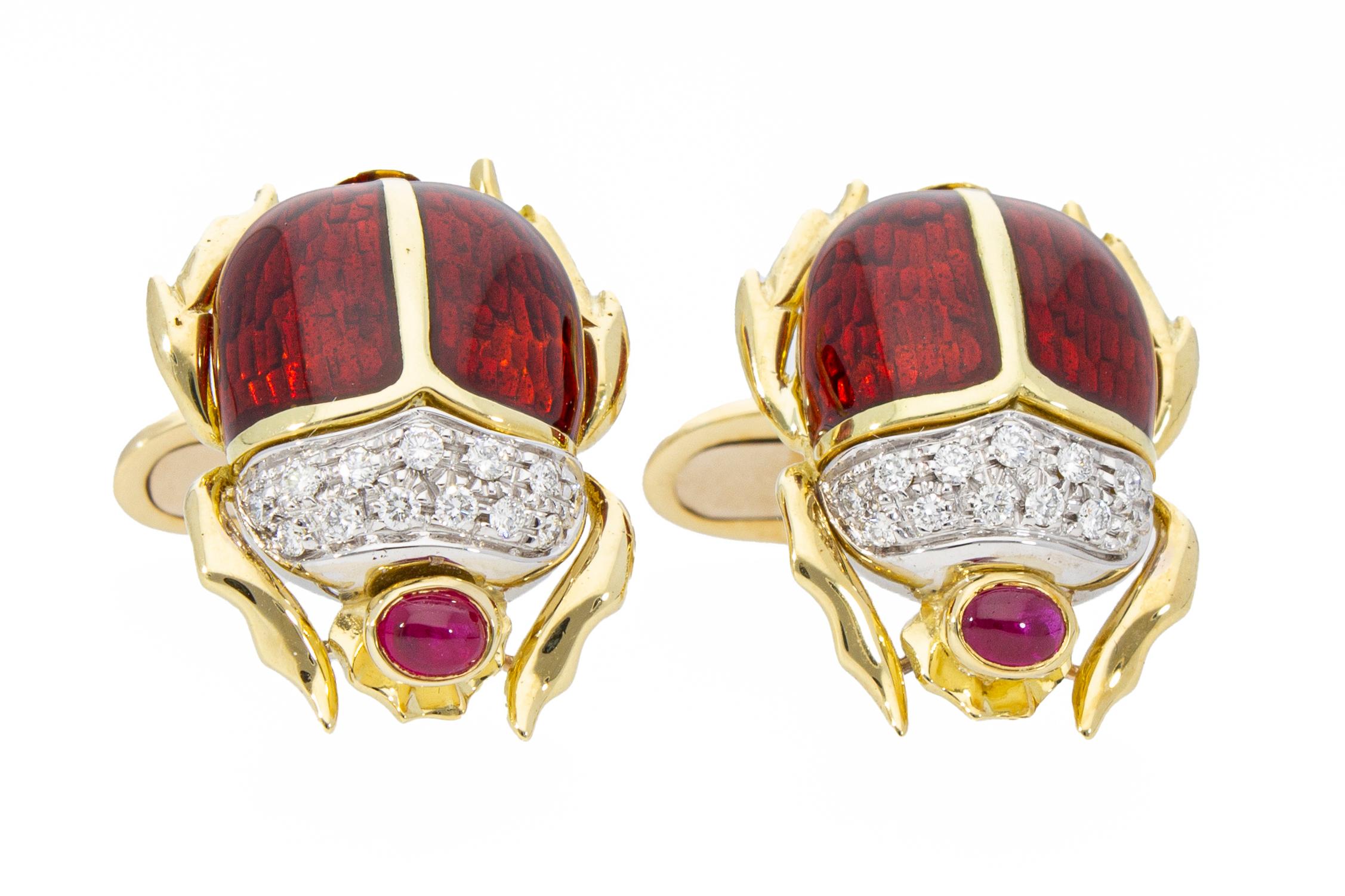Retro Beetle-Shaped Cufflinks Rubies 0.50ct Diamonds 0.26ct Handcrafted Italy 18 Karat For Sale